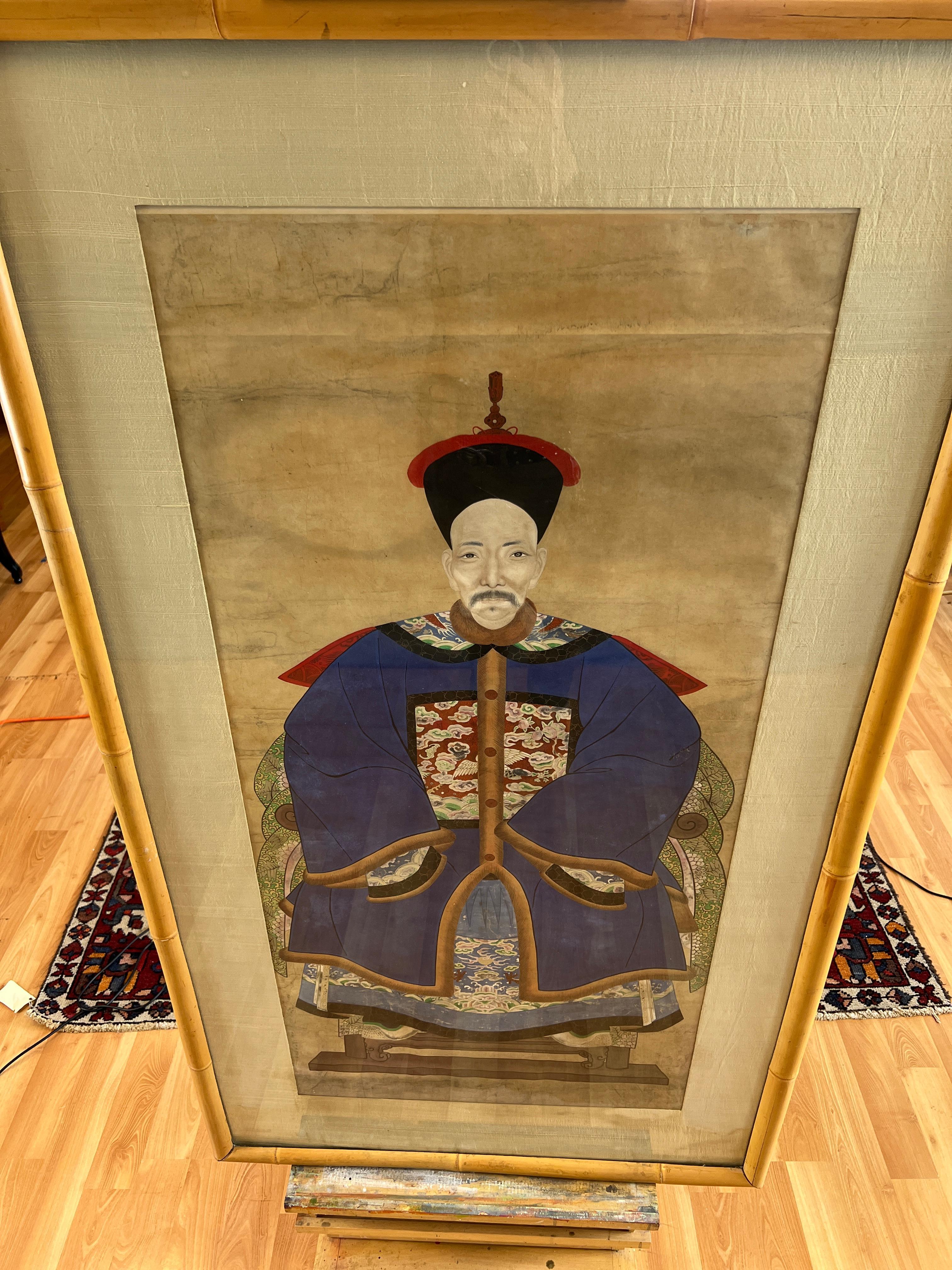 Chinesisches Ancestor-Porträt aus der chinesischen Qing-Dynastie, hochrangiger Offizieller erster Rang, 19. Jahrhundert im Angebot 12