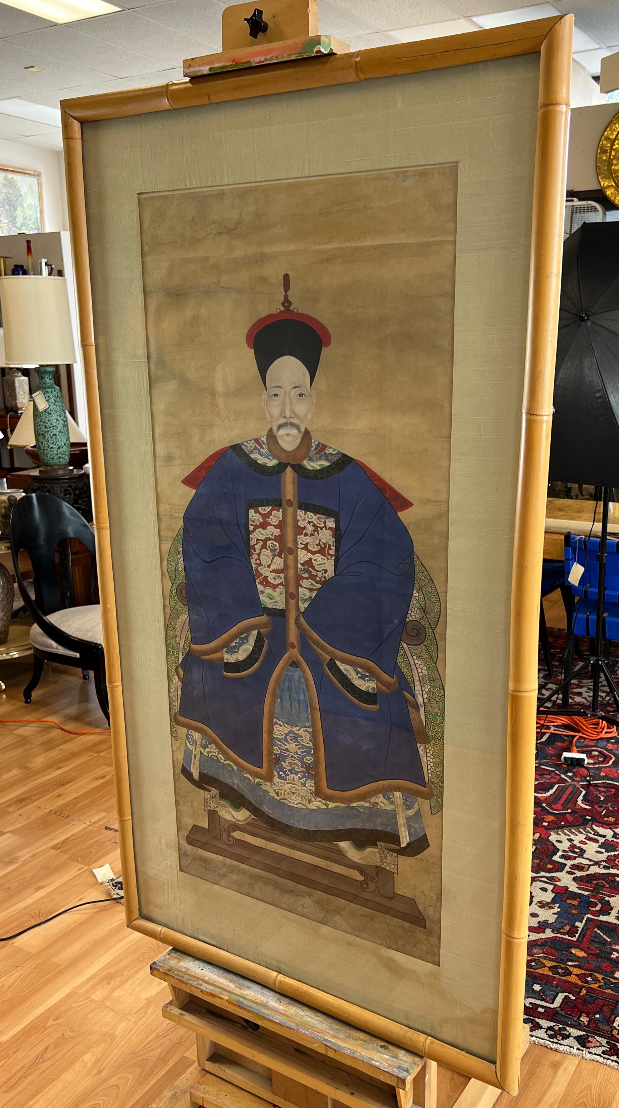 Hand-Painted Chinese Qing Dynasty Ancestor Portrait, Senior Official First Rank, 19th Century For Sale