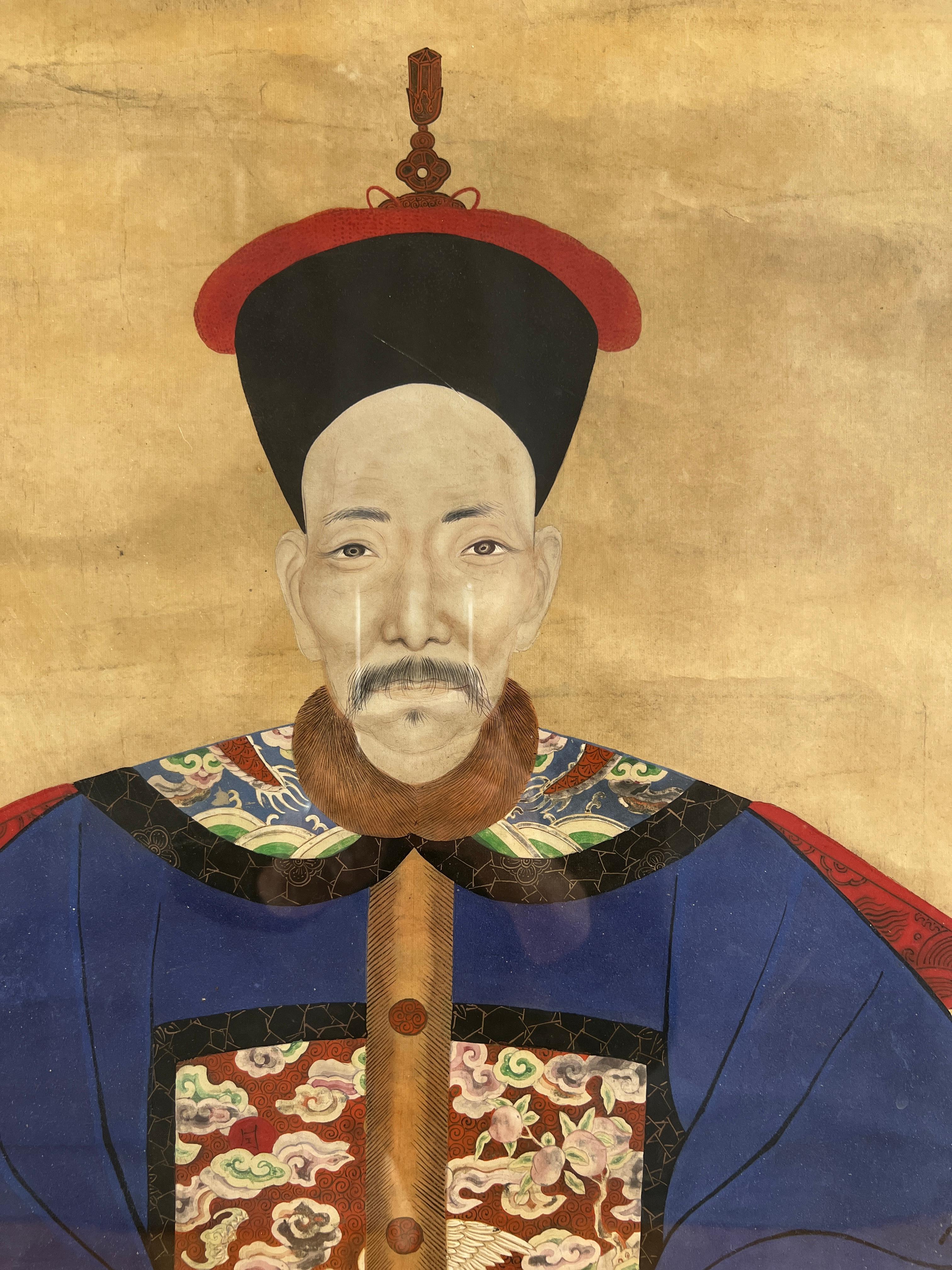 Silk Chinese Qing Dynasty Ancestor Portrait, Senior Official First Rank, 19th Century For Sale