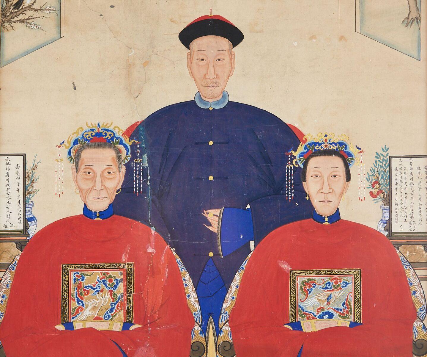Large mounted and framed Chinese Qing dynasty ancestor portrait. Depicts one patriarch and two matriarch figures seated in their robes. Vibrant ink and color pigments with Chinese script on each side of the painting. The image has an aged patina