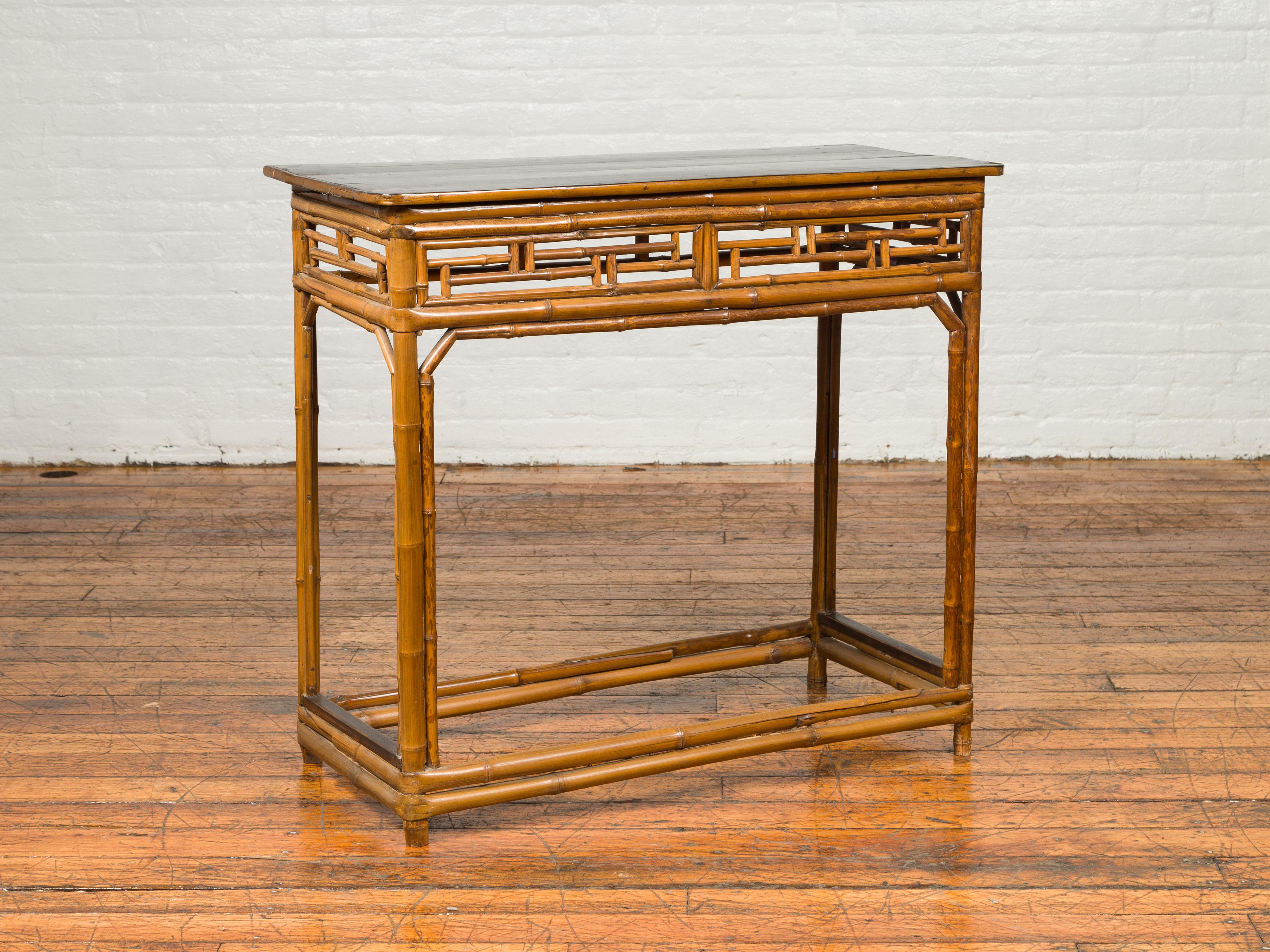 Lacquered Chinese Qing Dynasty Bamboo Altar Console Table with Geometric Patterns