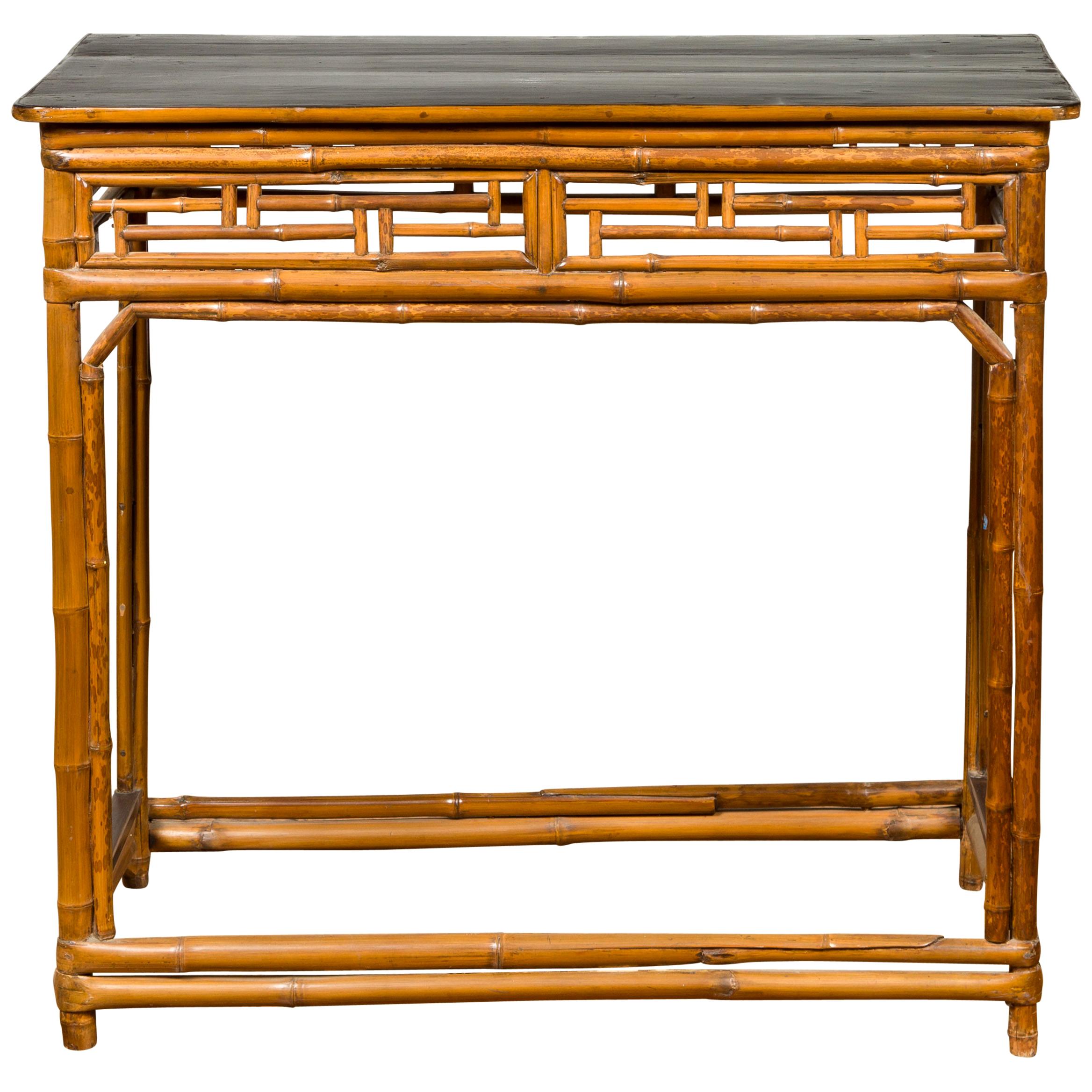 Chinese Qing Dynasty Bamboo Altar Console Table with Geometric Patterns