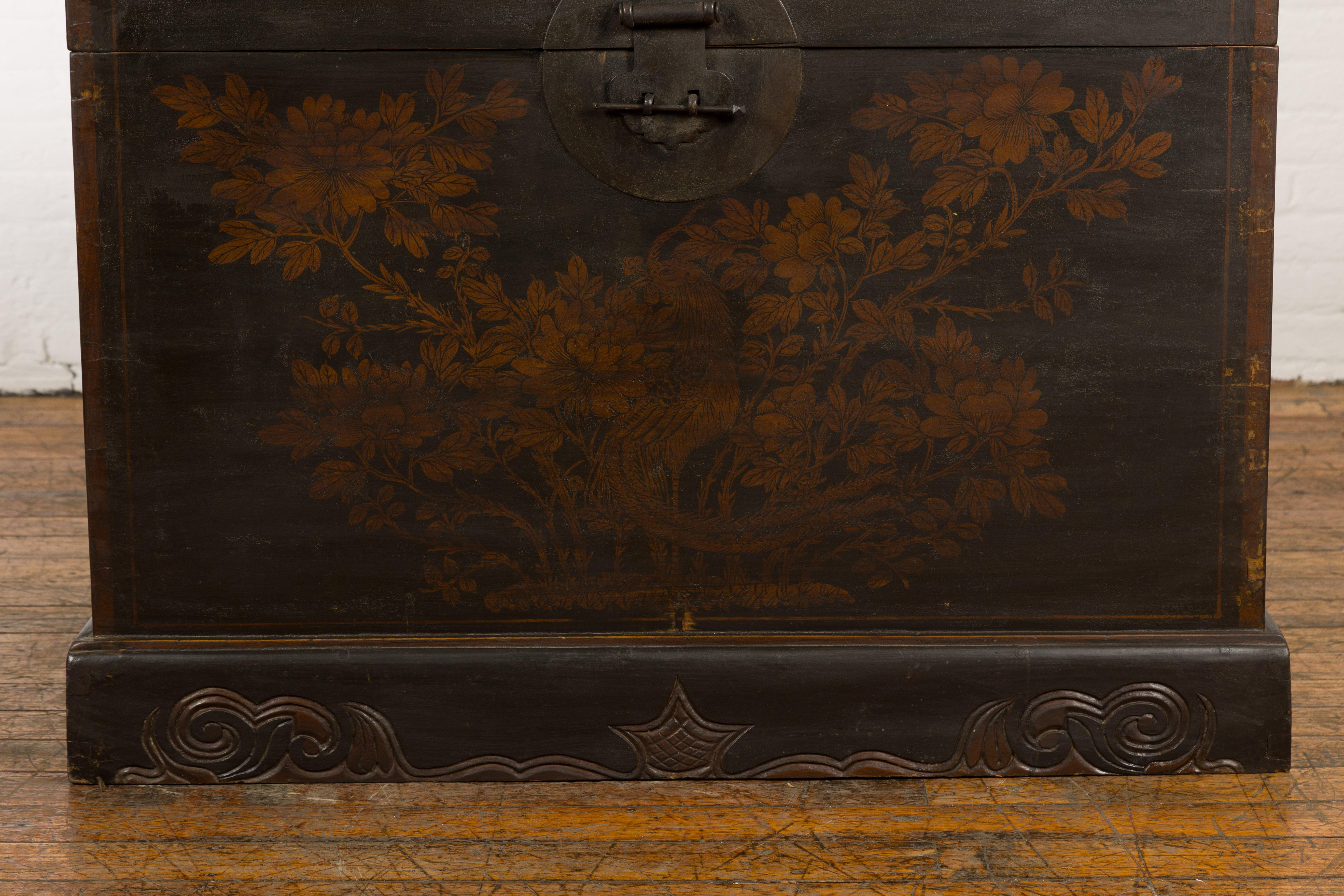 Brass Chinese Qing Dynasty Blanket Chest with Hand-Painted Bird and Foliage Design For Sale