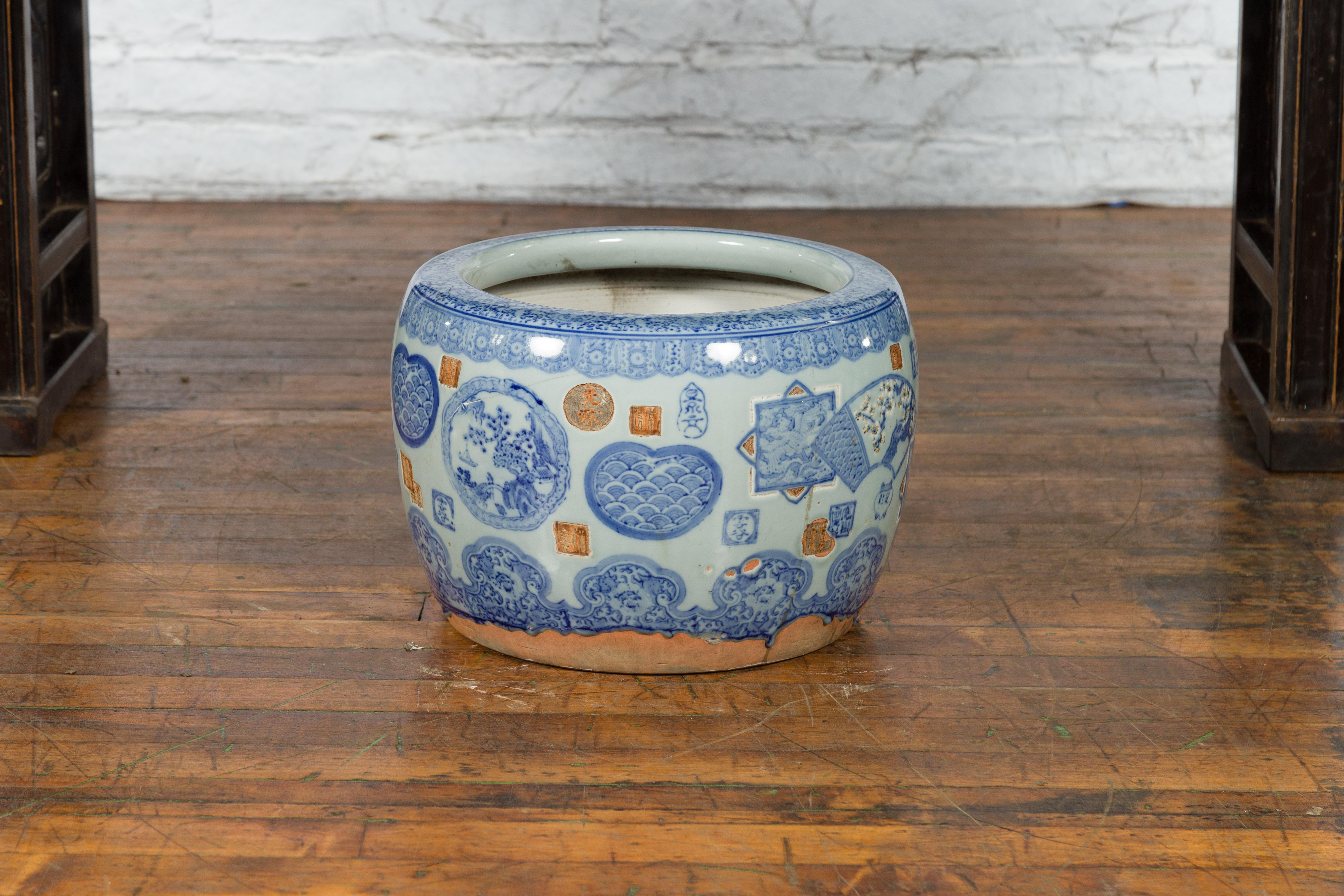Chinese Qing Dynasty Blue and White Porcelain Planter with Blooming Trees 6