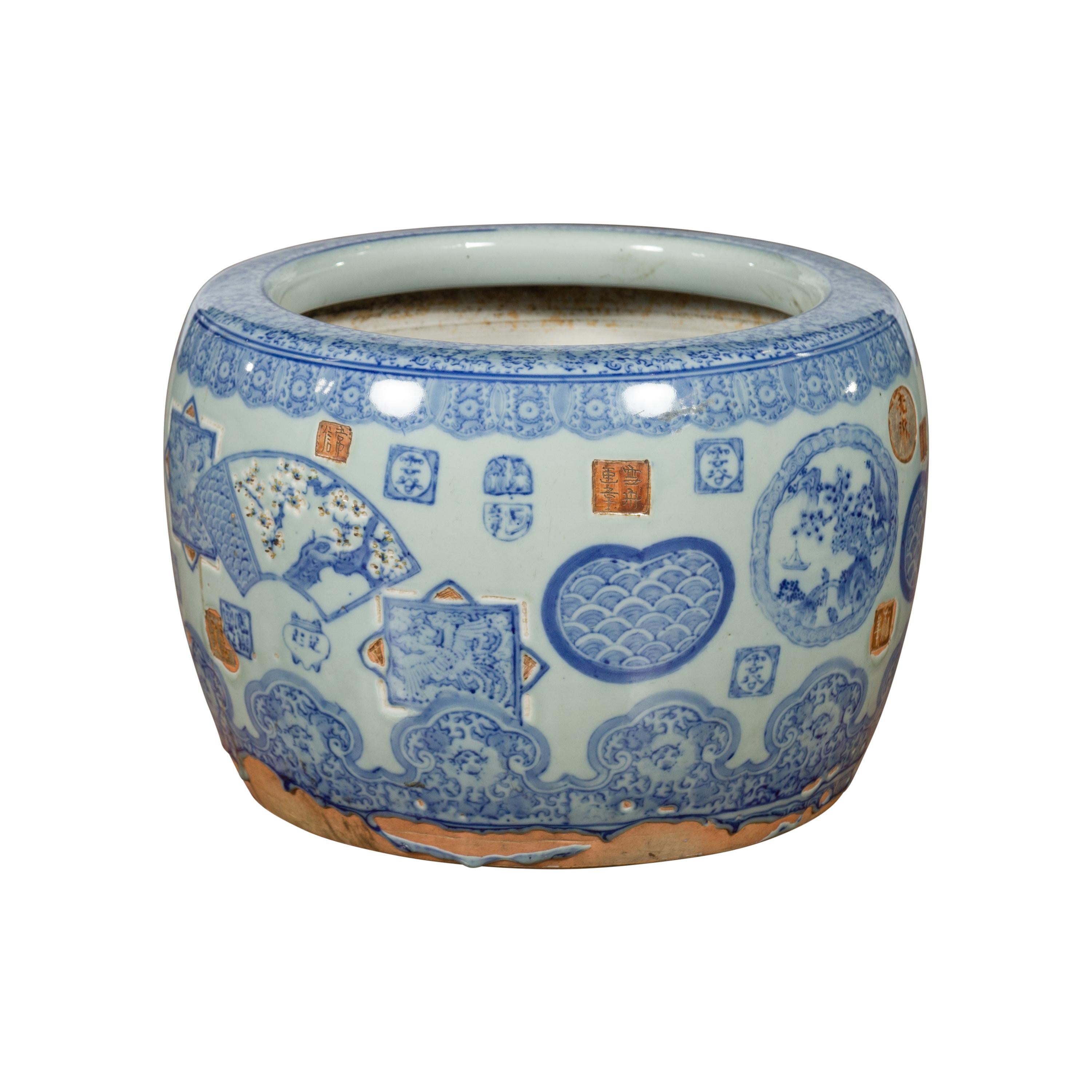 Chinese Qing Dynasty Blue and White Porcelain Planter with Blooming Trees 11