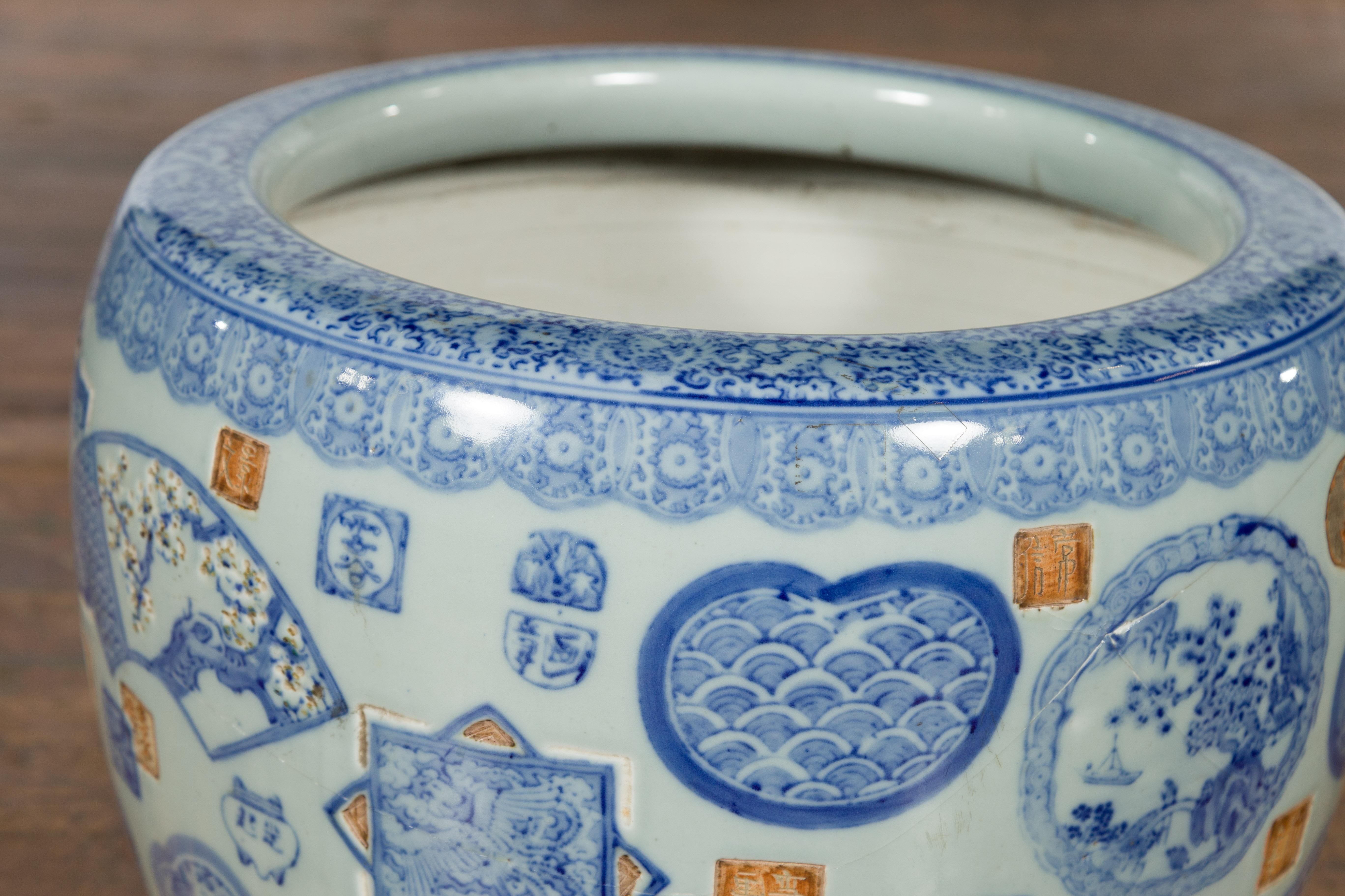 19th Century Chinese Qing Dynasty Blue and White Porcelain Planter with Blooming Trees