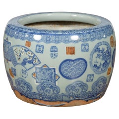 Chinese Qing Dynasty Blue and White Porcelain Planter with Blooming Trees