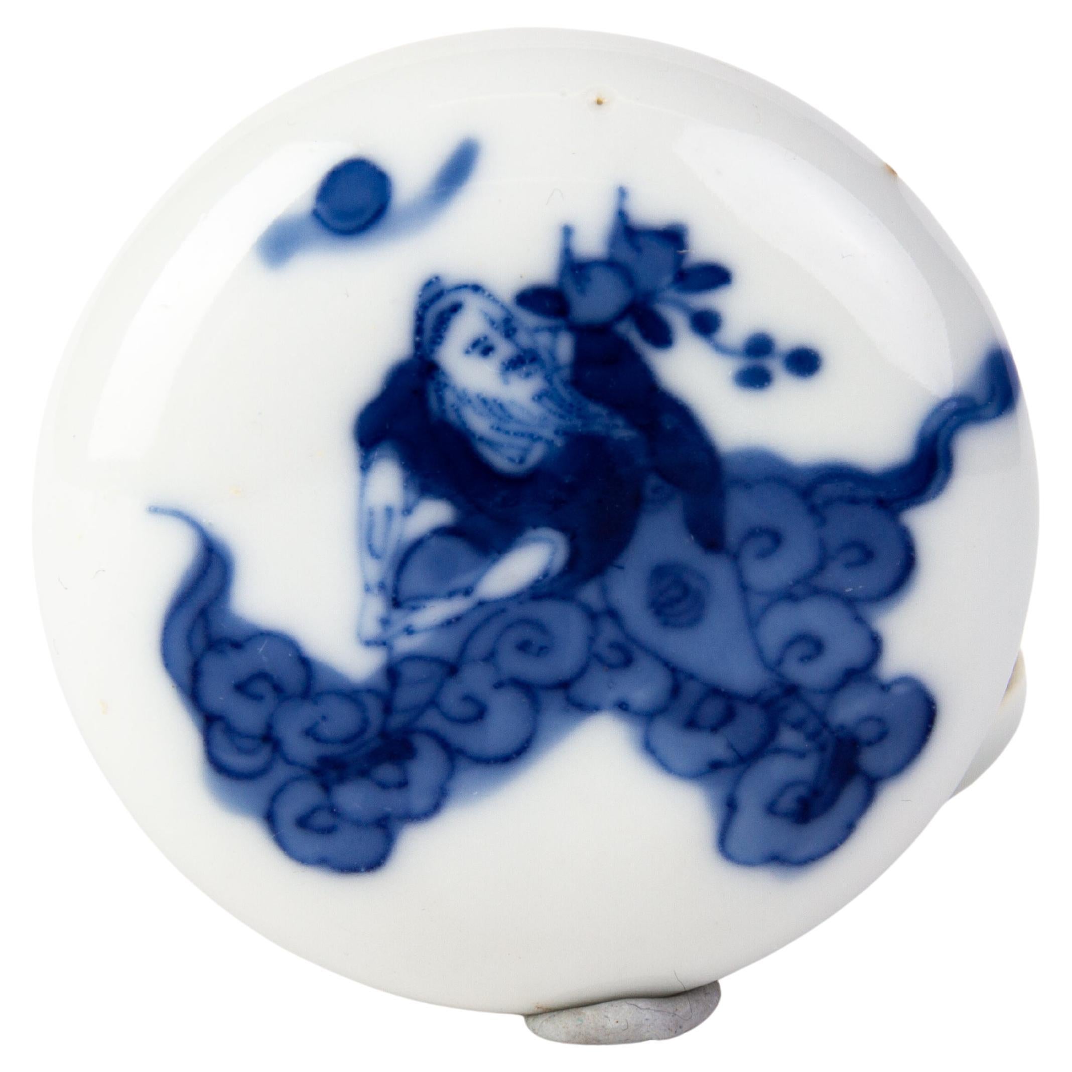 Chinese Qing Dynasty Blue & White Porcelain Immortal Box with Seal 19th Century  For Sale