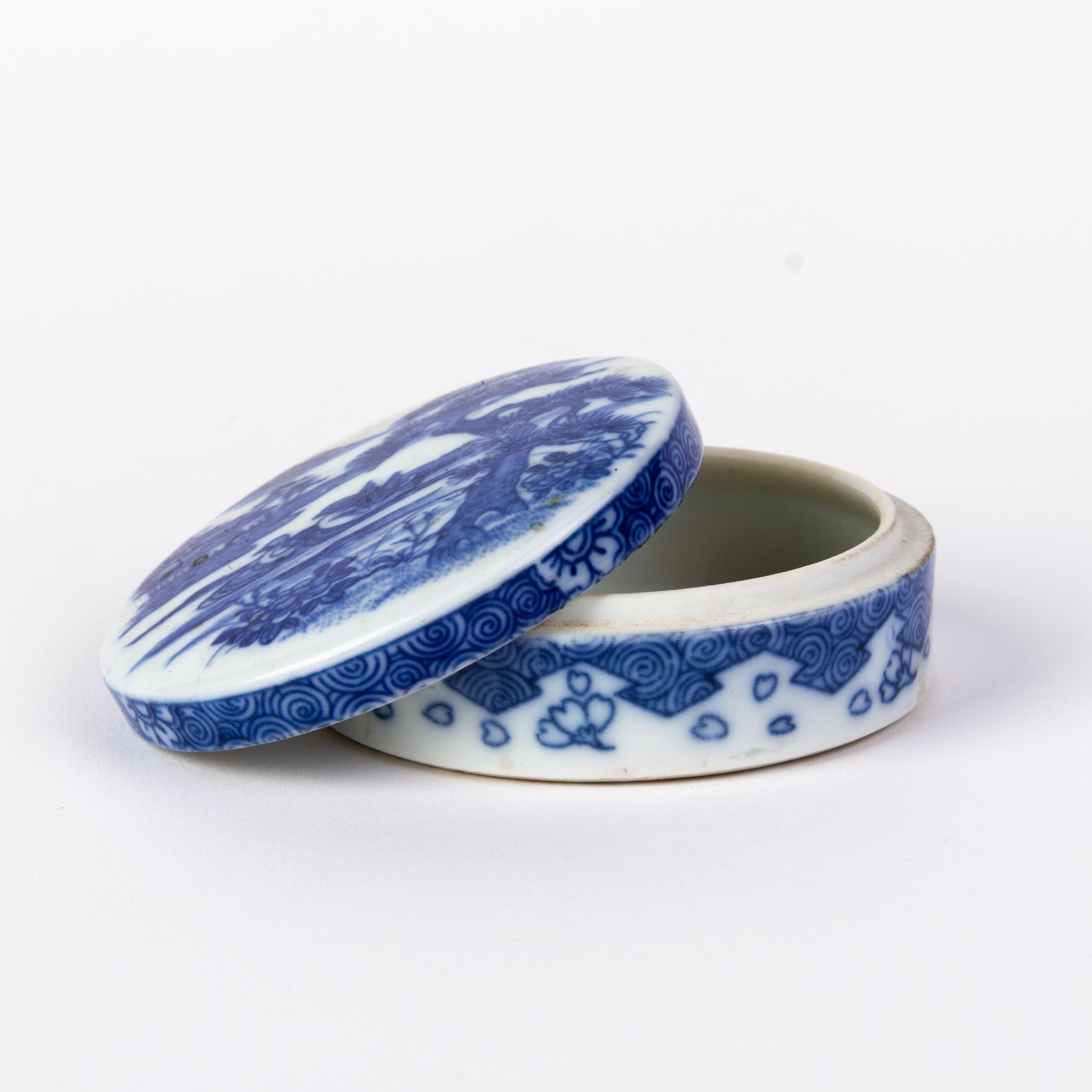 Chinese Qing Dynasty Blue & White Porcelain Landscape Lidded Box 19th Century 1