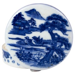 Antique Chinese Qing Dynasty Blue & White Porcelain Landscape Lidded Box 19th Century