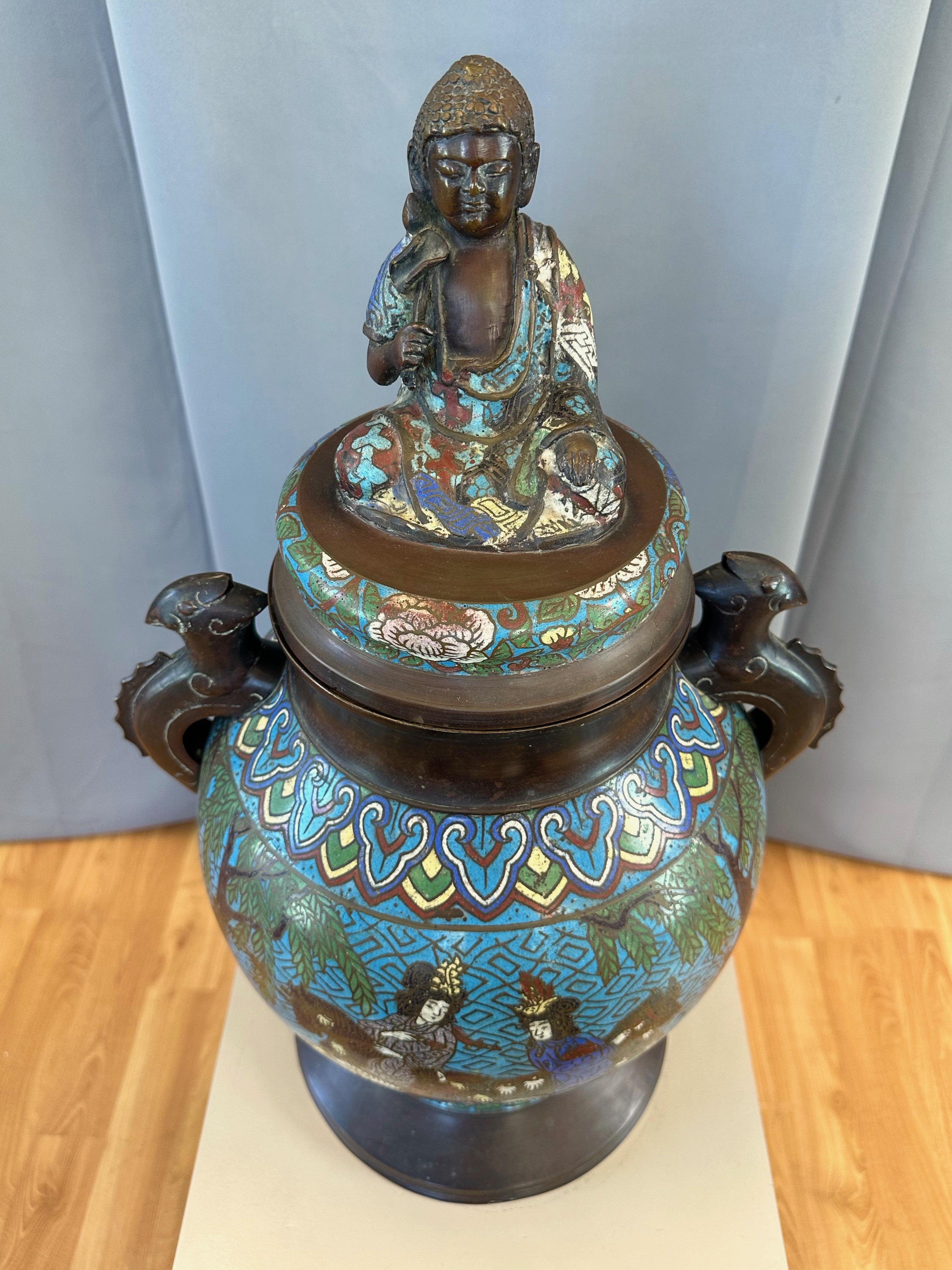 Japanese Taishō Period Bronze Champlevé Urn with Buddha Figure Lid, c. 1915 For Sale 7