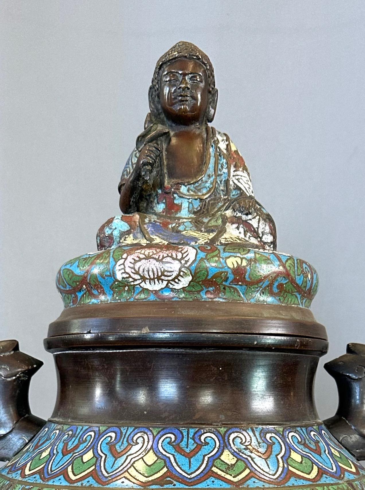 Taisho Japanese Taishō Period Bronze Champlevé Urn with Buddha Figure Lid, c. 1915 For Sale