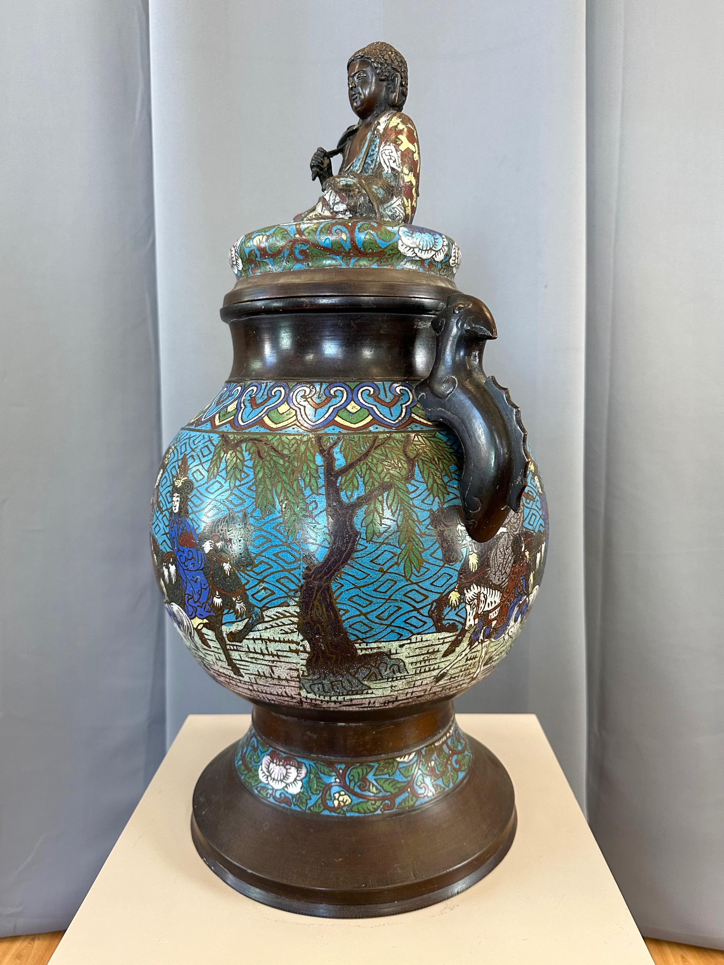 20th Century Japanese Taishō Period Bronze Champlevé Urn with Buddha Figure Lid, c. 1915 For Sale