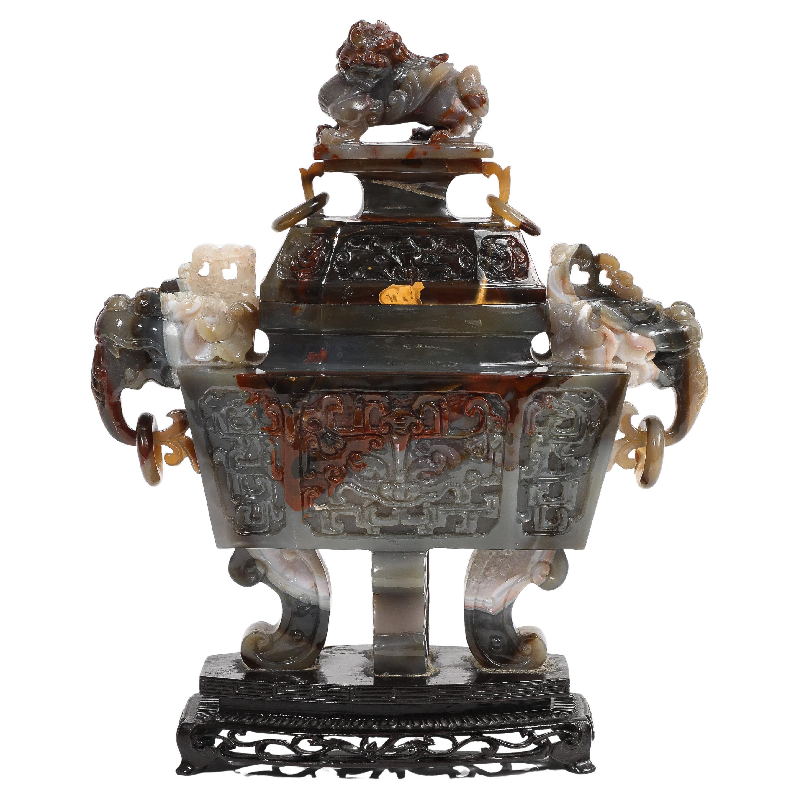 Chinese Brown Agate Covered Censer, Archaic Style, Foo Dog