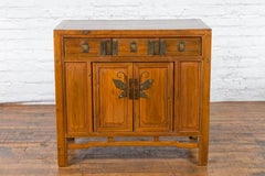 Chinese Qing Dynasty Brown Lacquer Side Cabinet with Brass Butterfly Hardware