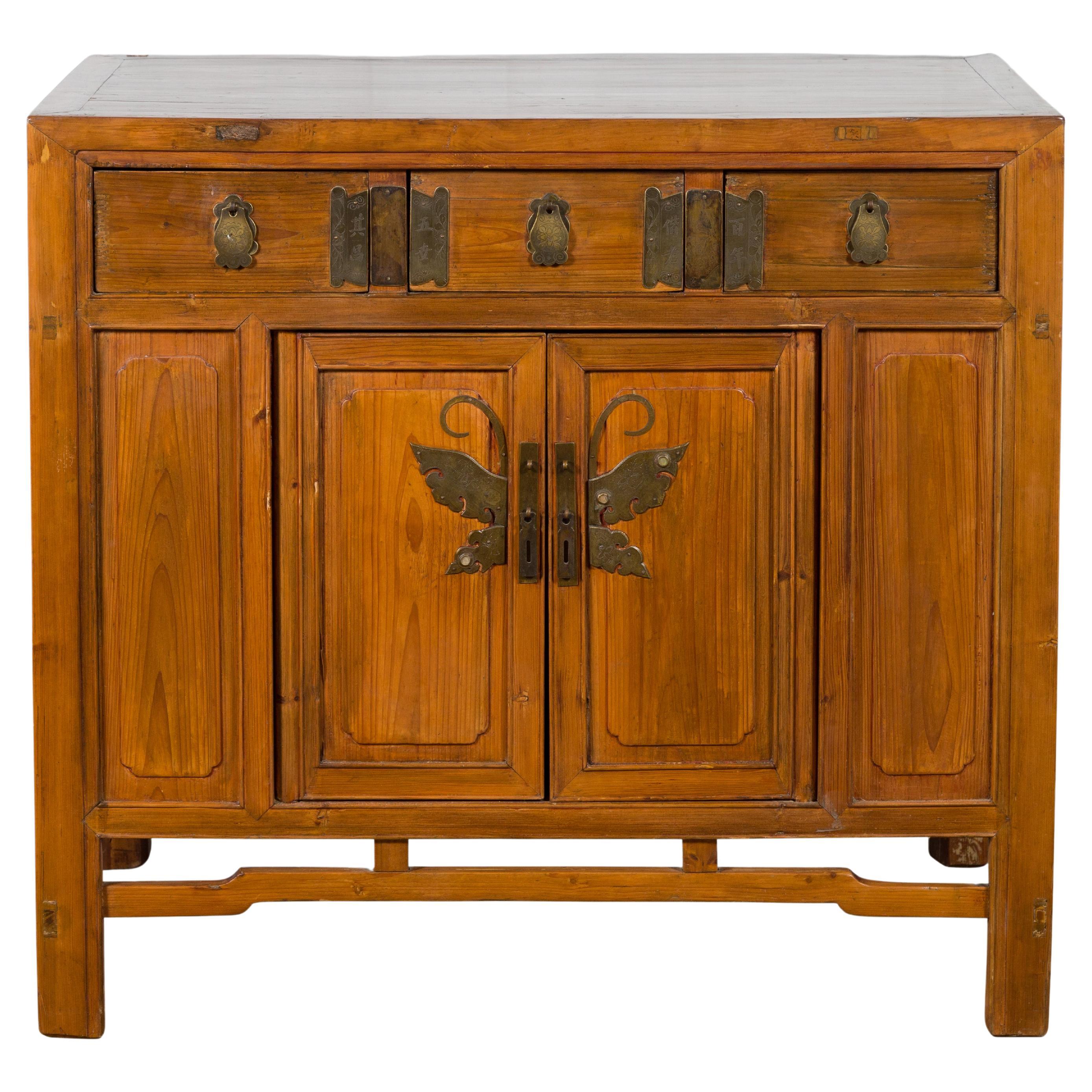 Antique Chinese Side with Distressed Orange Lacquer at 1stDibs