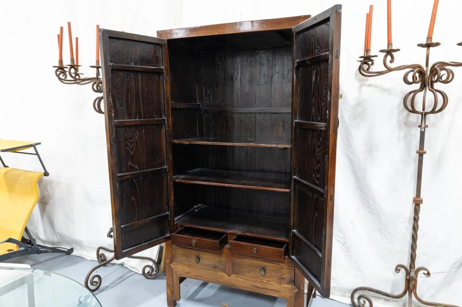 Chinese Qing Dynasty Brown Wood Asian Armoire Cabinet with Doors and Drawers 2