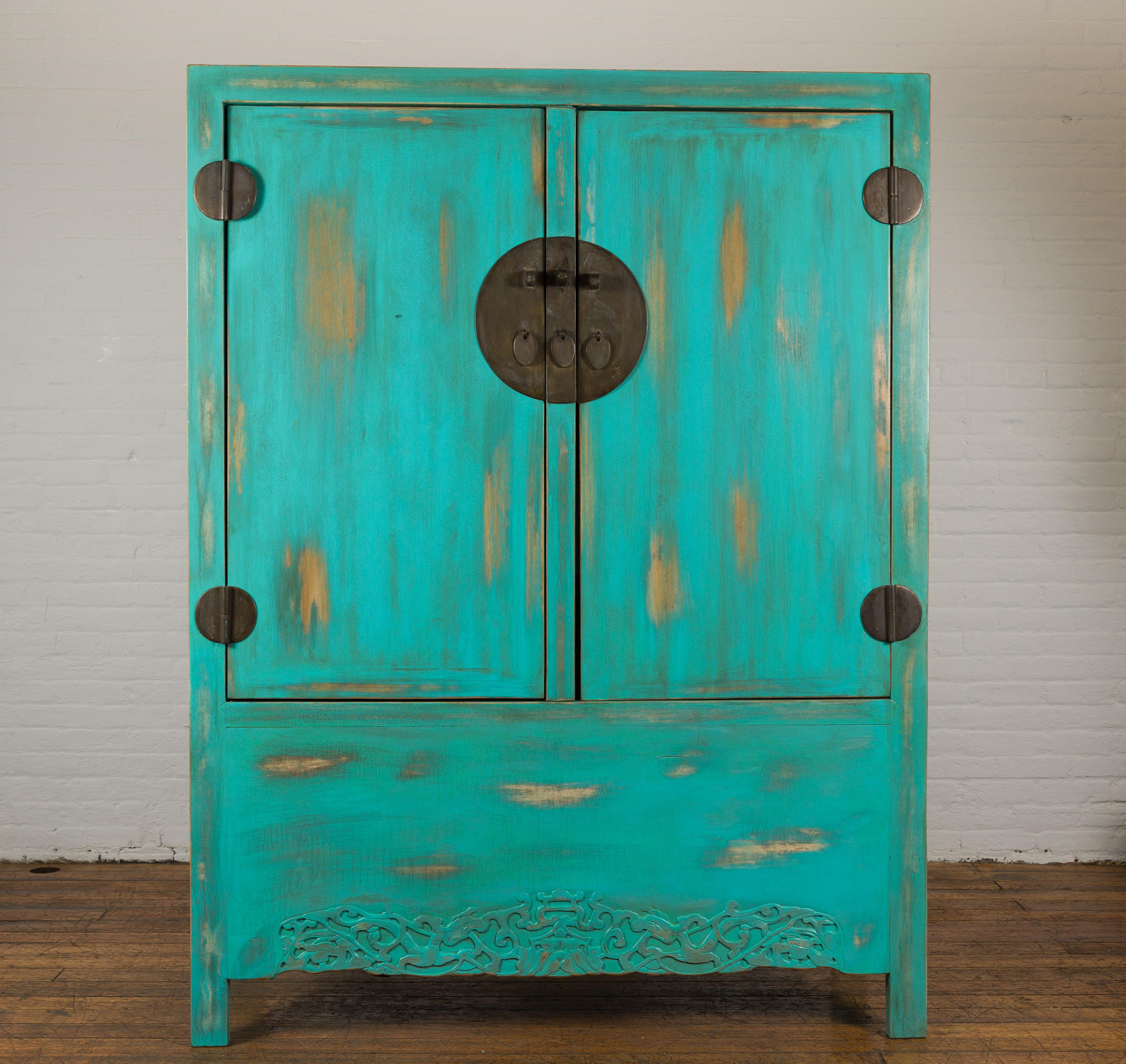 Chinese Qing Dynasty Cabinet with Custom Blue Green Lacquer and Carved Apron For Sale 7