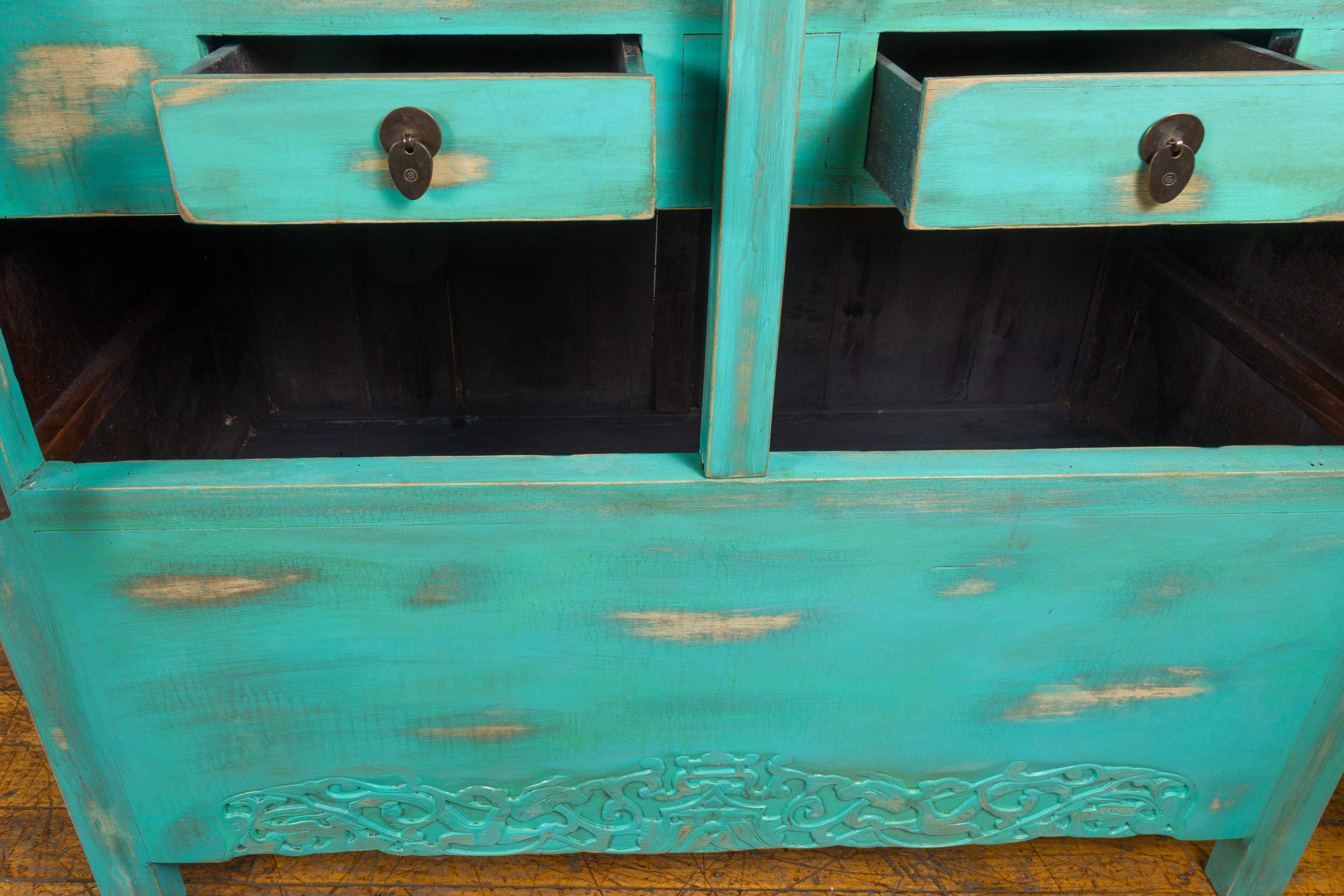 Chinese Qing Dynasty Cabinet with Custom Blue Green Lacquer and Carved Apron For Sale 9