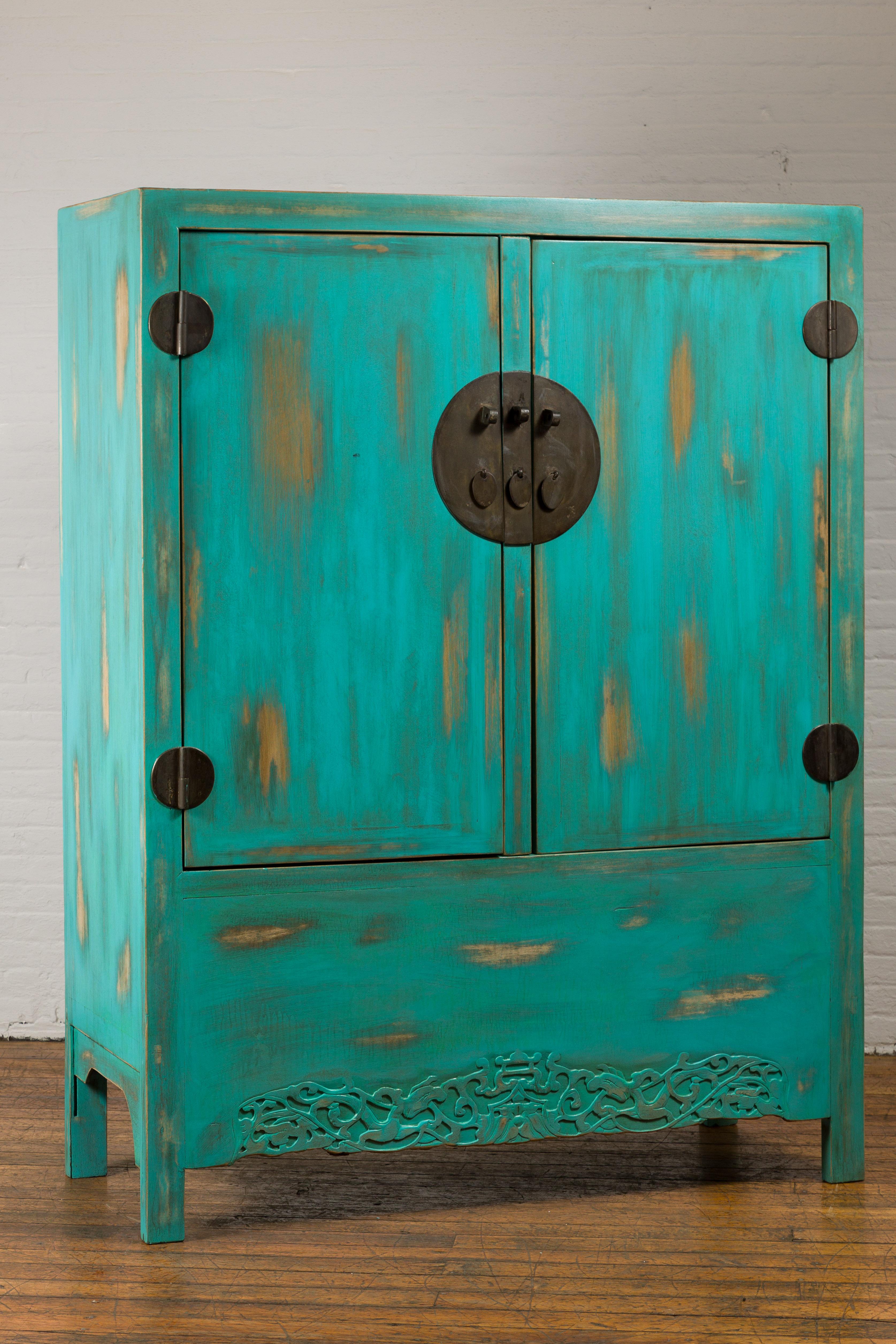 Chinese Qing Dynasty Cabinet with Custom Blue Green Lacquer and Carved Apron For Sale 10