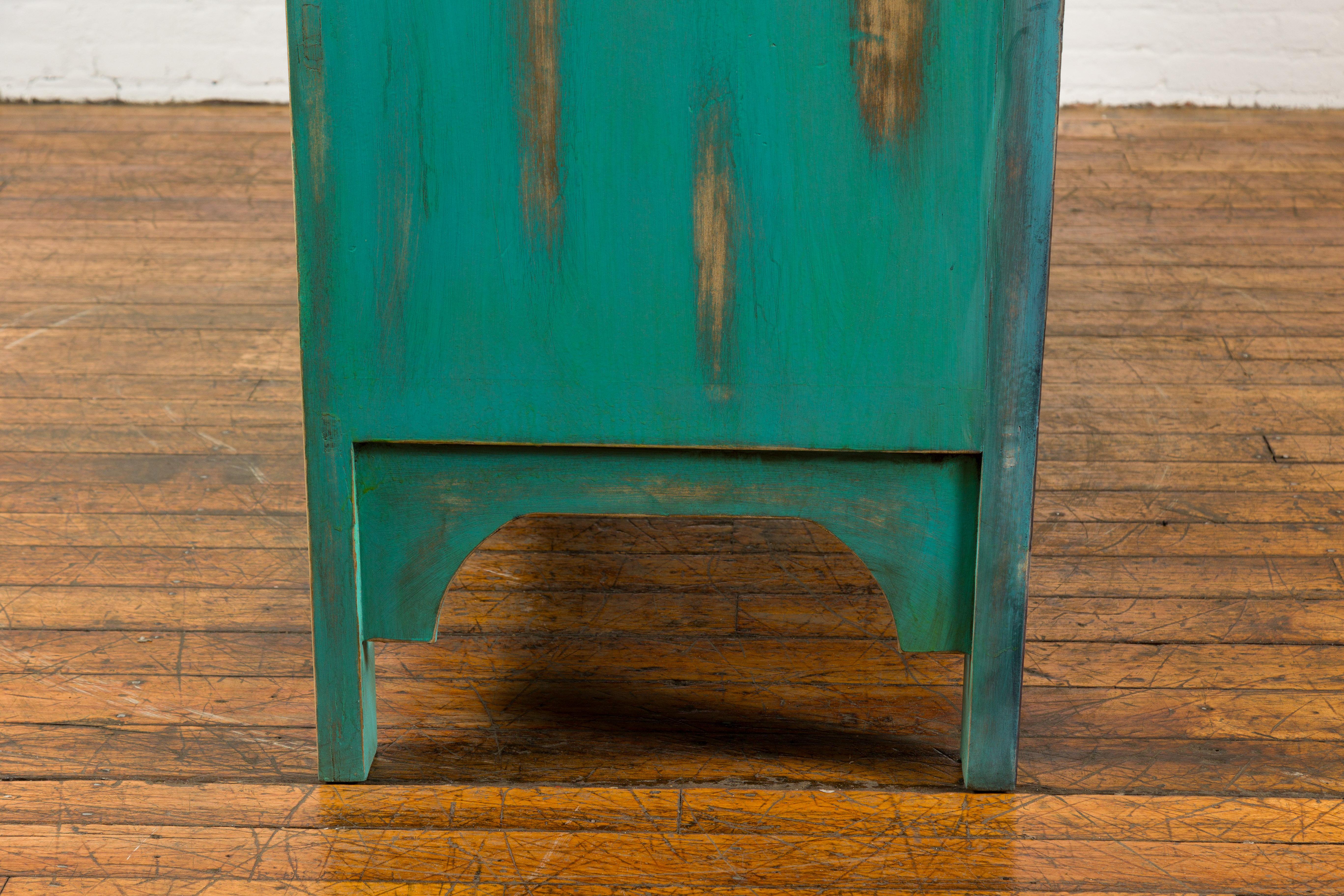 Chinese Qing Dynasty Cabinet with Custom Blue Green Lacquer and Carved Apron For Sale 14