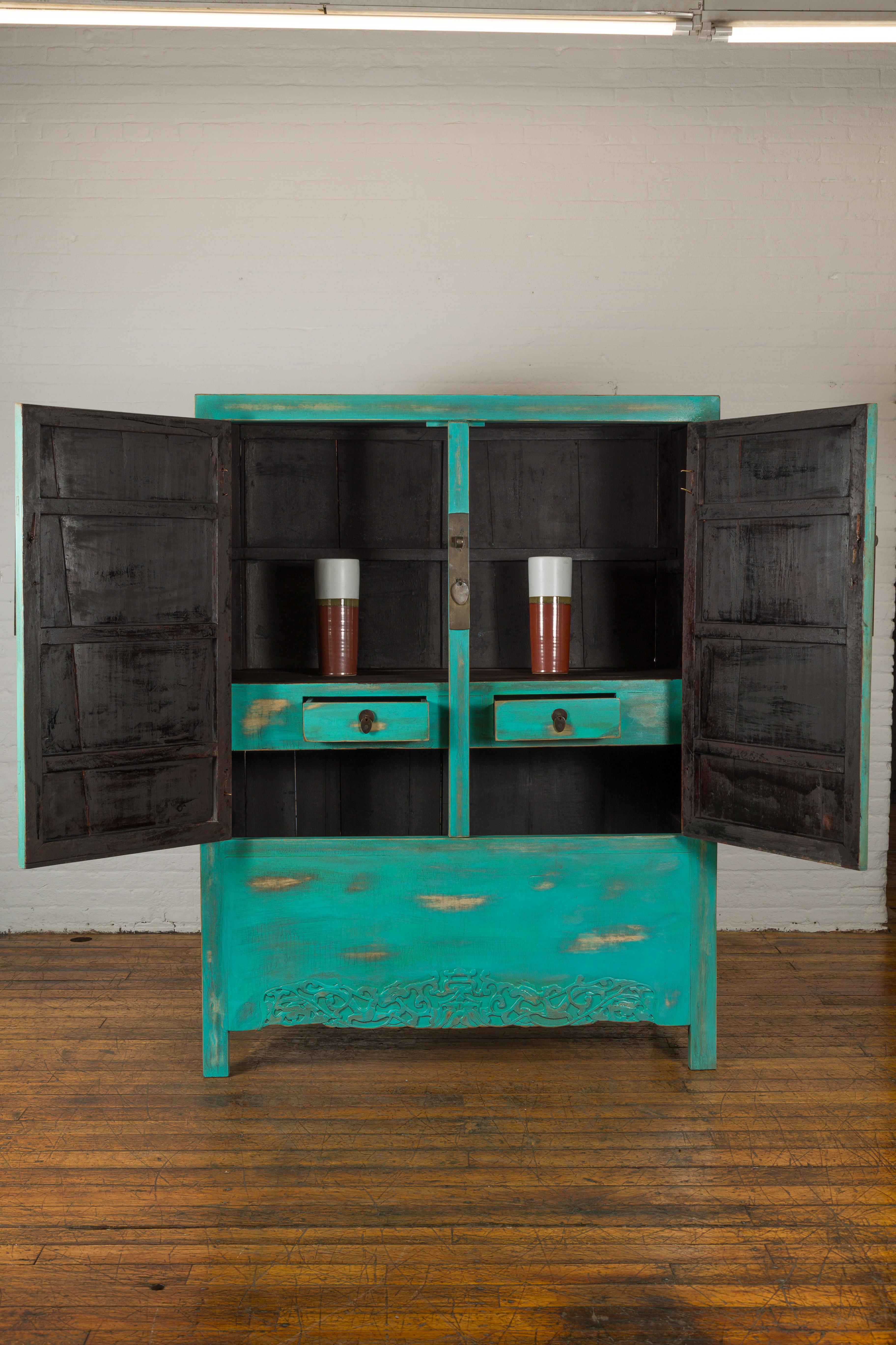 Chinese Qing Dynasty Cabinet with Custom Blue Green Lacquer and Carved Apron In Good Condition For Sale In Yonkers, NY
