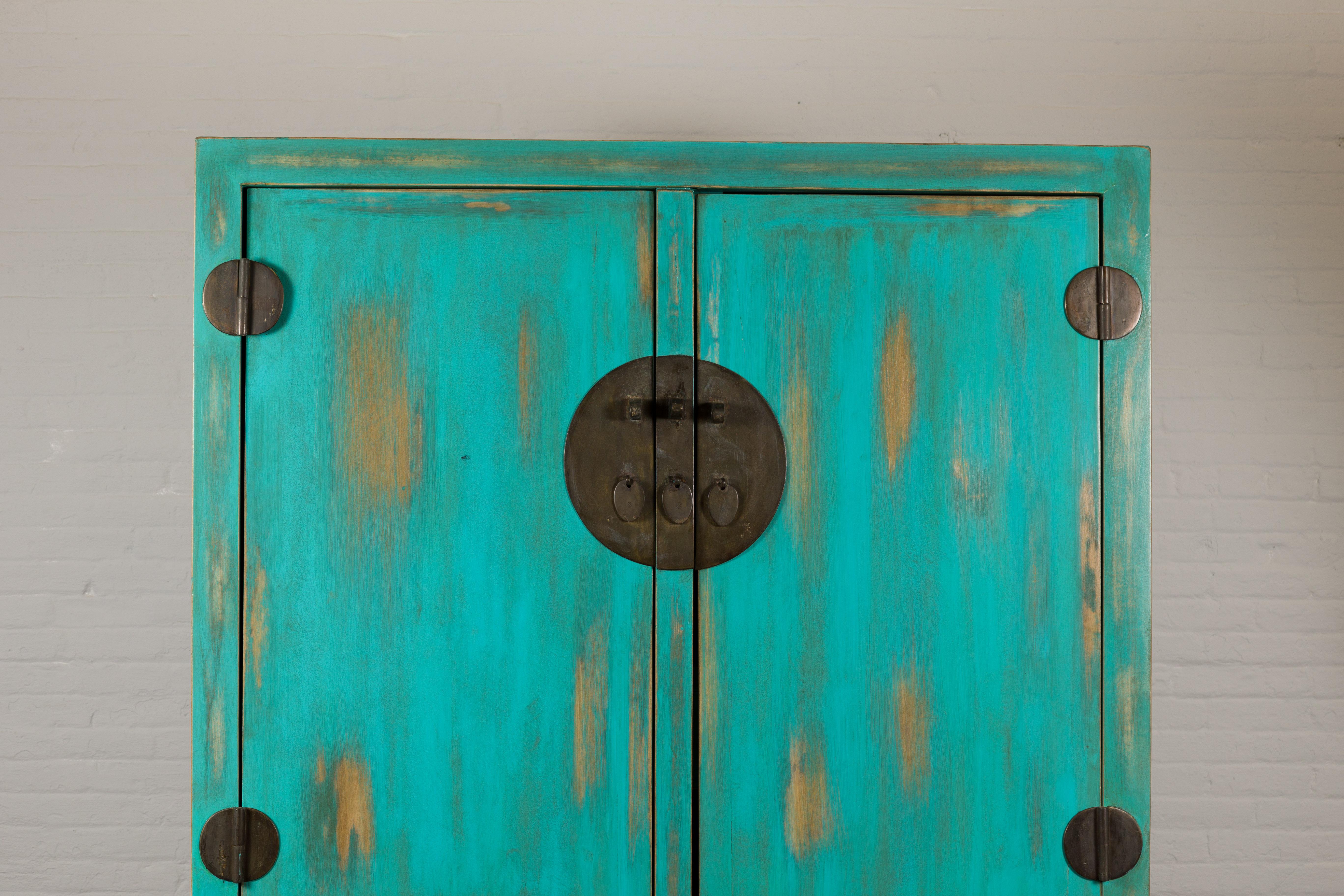 19th Century Chinese Qing Dynasty Cabinet with Custom Blue Green Lacquer and Carved Apron For Sale