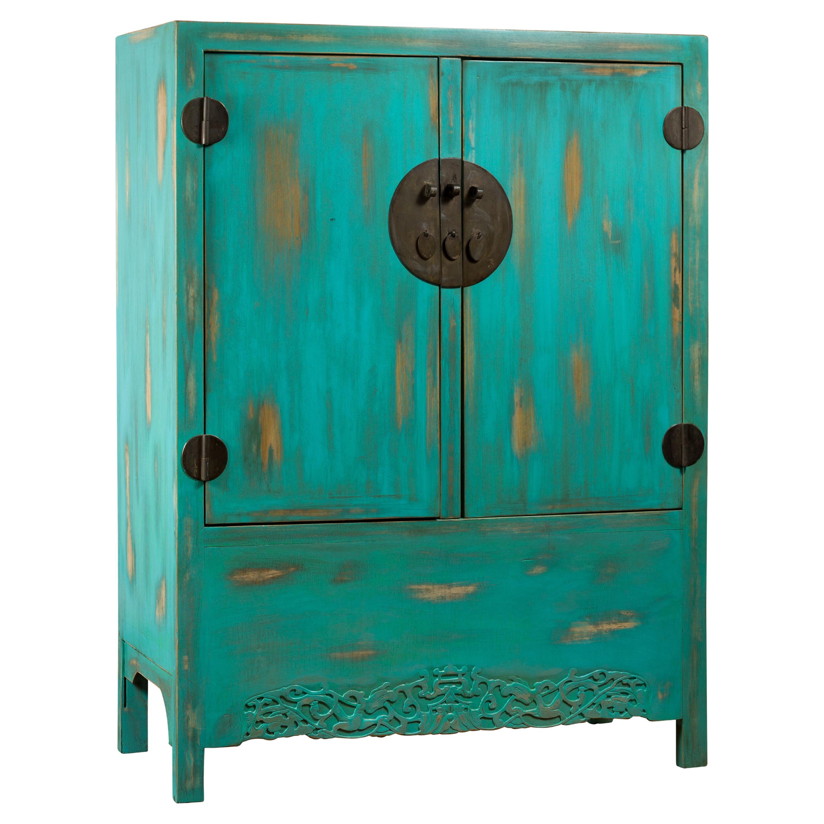 Chinese Qing Dynasty Cabinet with Custom Blue Green Lacquer and Carved Apron For Sale