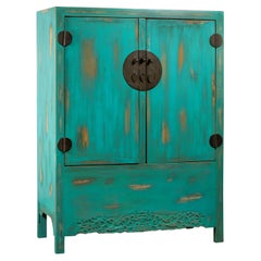 Used Chinese Qing Dynasty Cabinet with Custom Blue Green Lacquer and Carved Apron