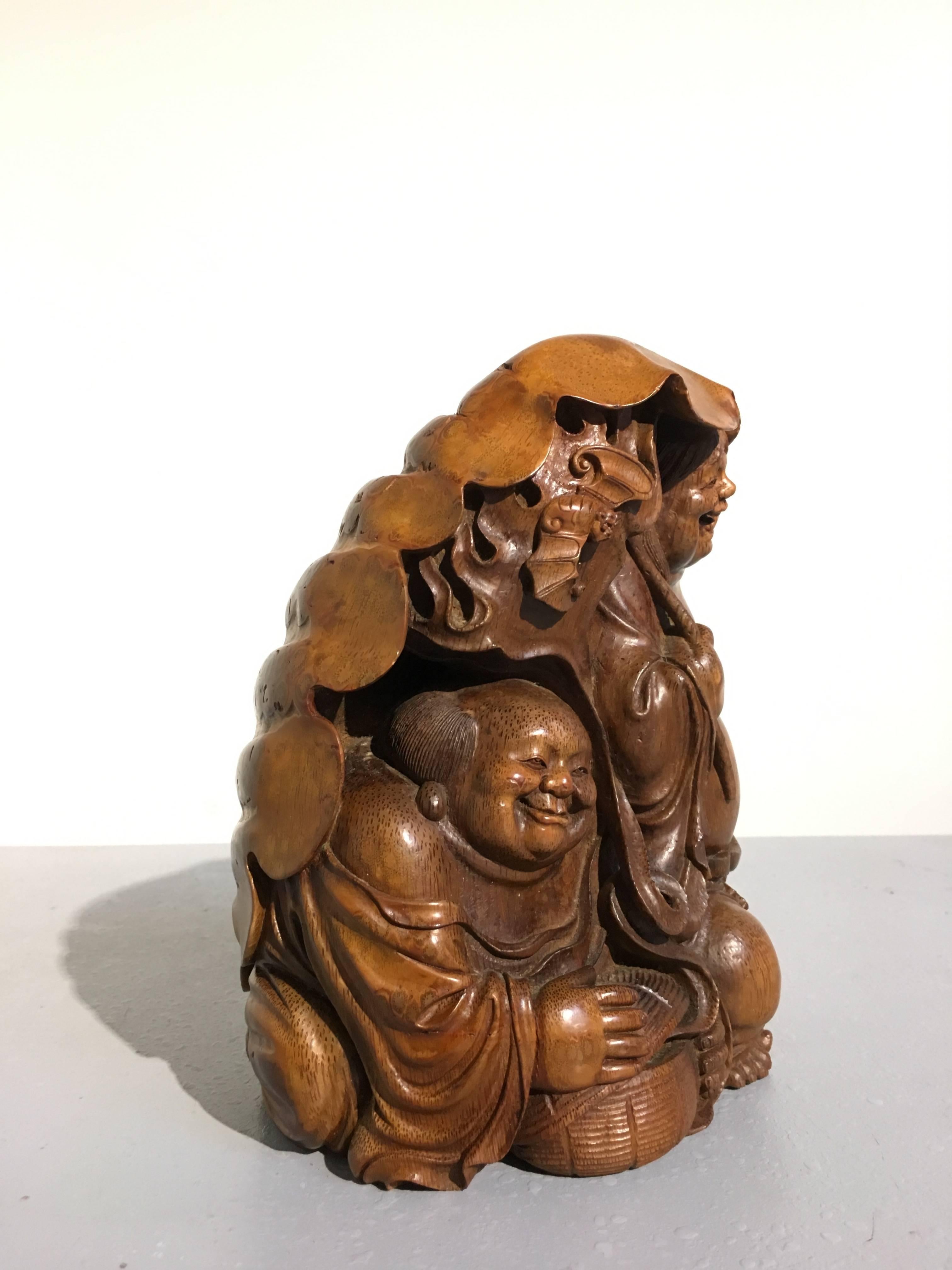 Hand-Carved Chinese Qing Dynasty Carved Bamboo HeHe ErXian Group, 19th Century For Sale