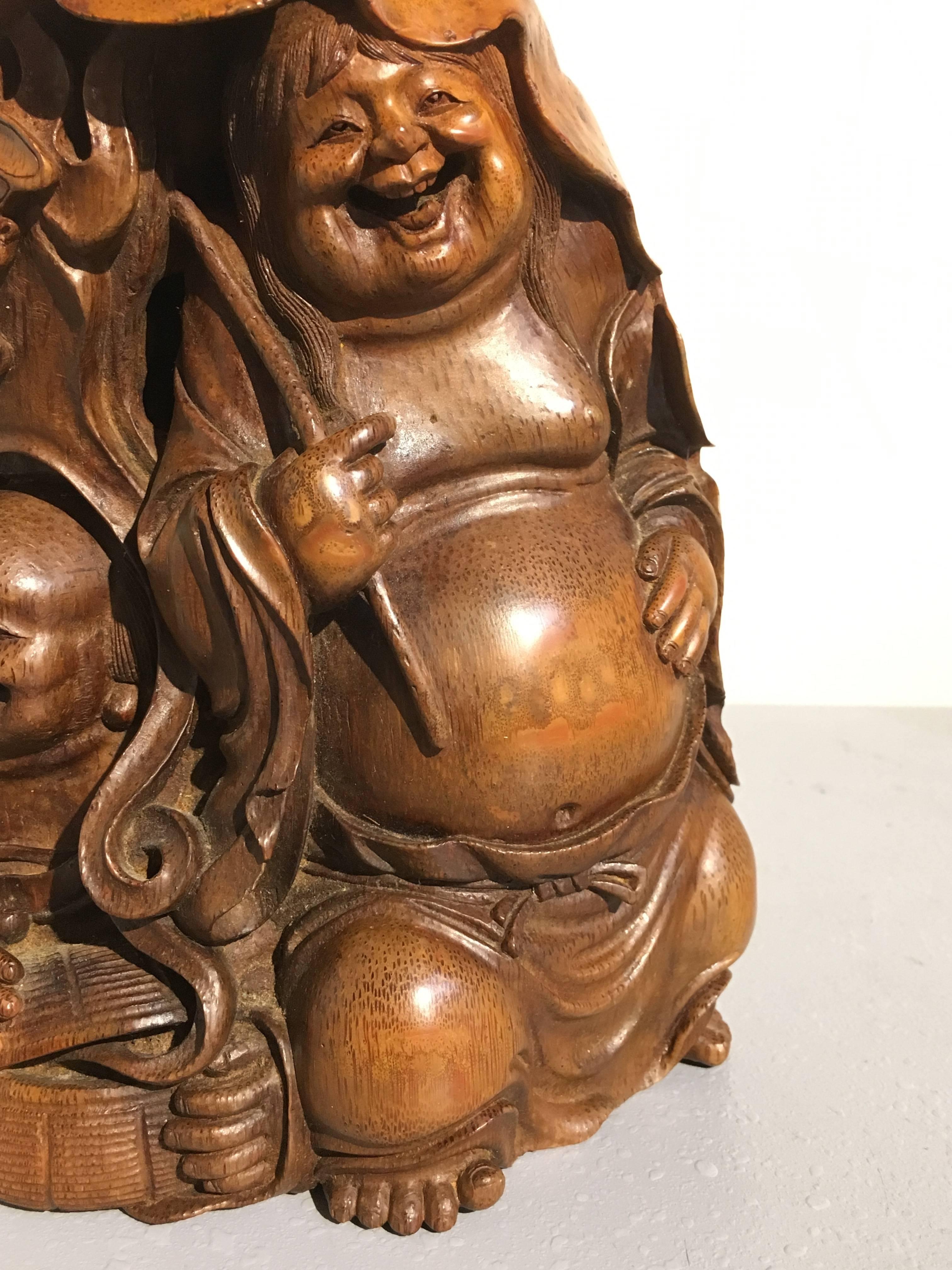 Chinese Qing Dynasty Carved Bamboo HeHe ErXian Group, 19th Century In Good Condition For Sale In Austin, TX