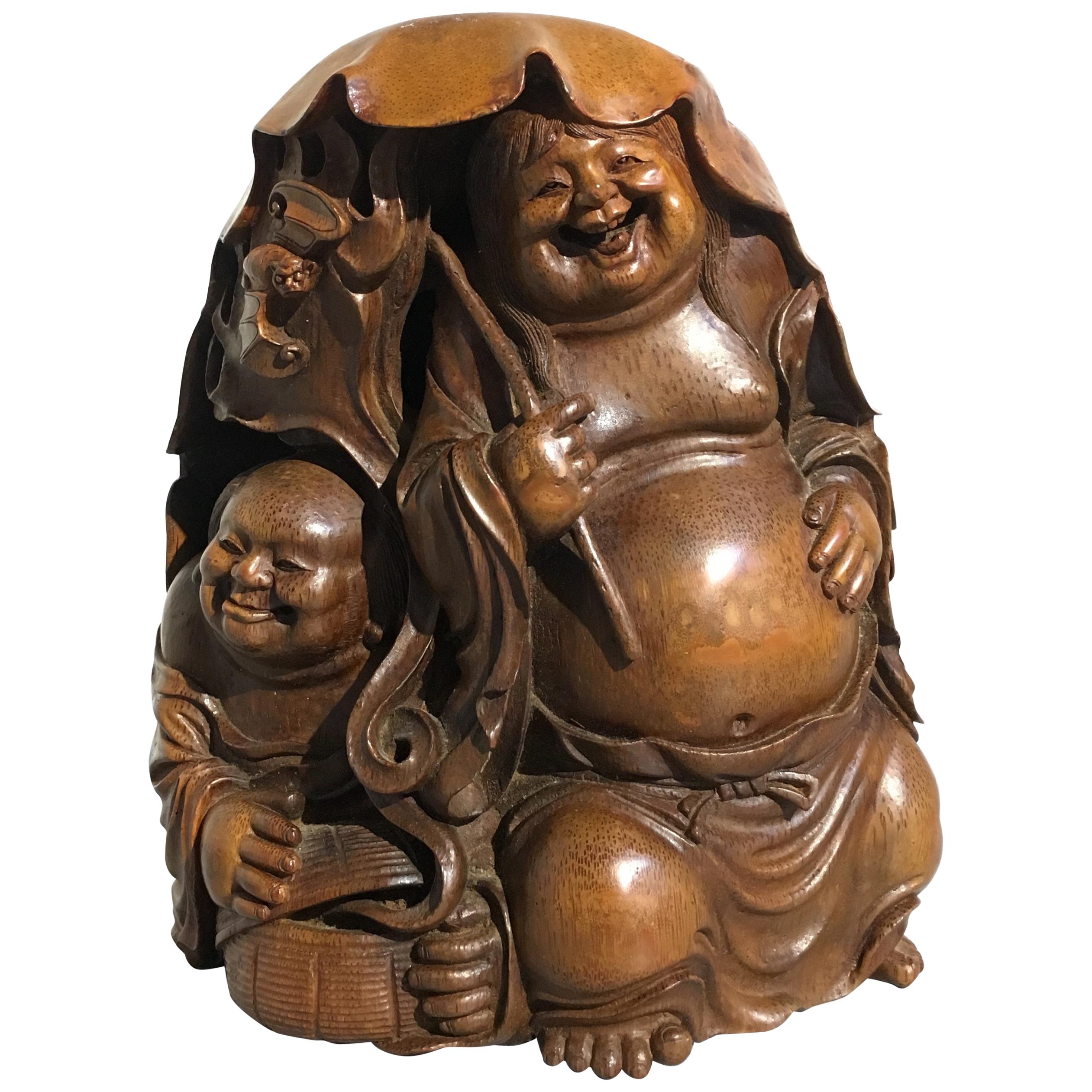 Chinese Qing Dynasty Carved Bamboo HeHe ErXian Group, 19th Century