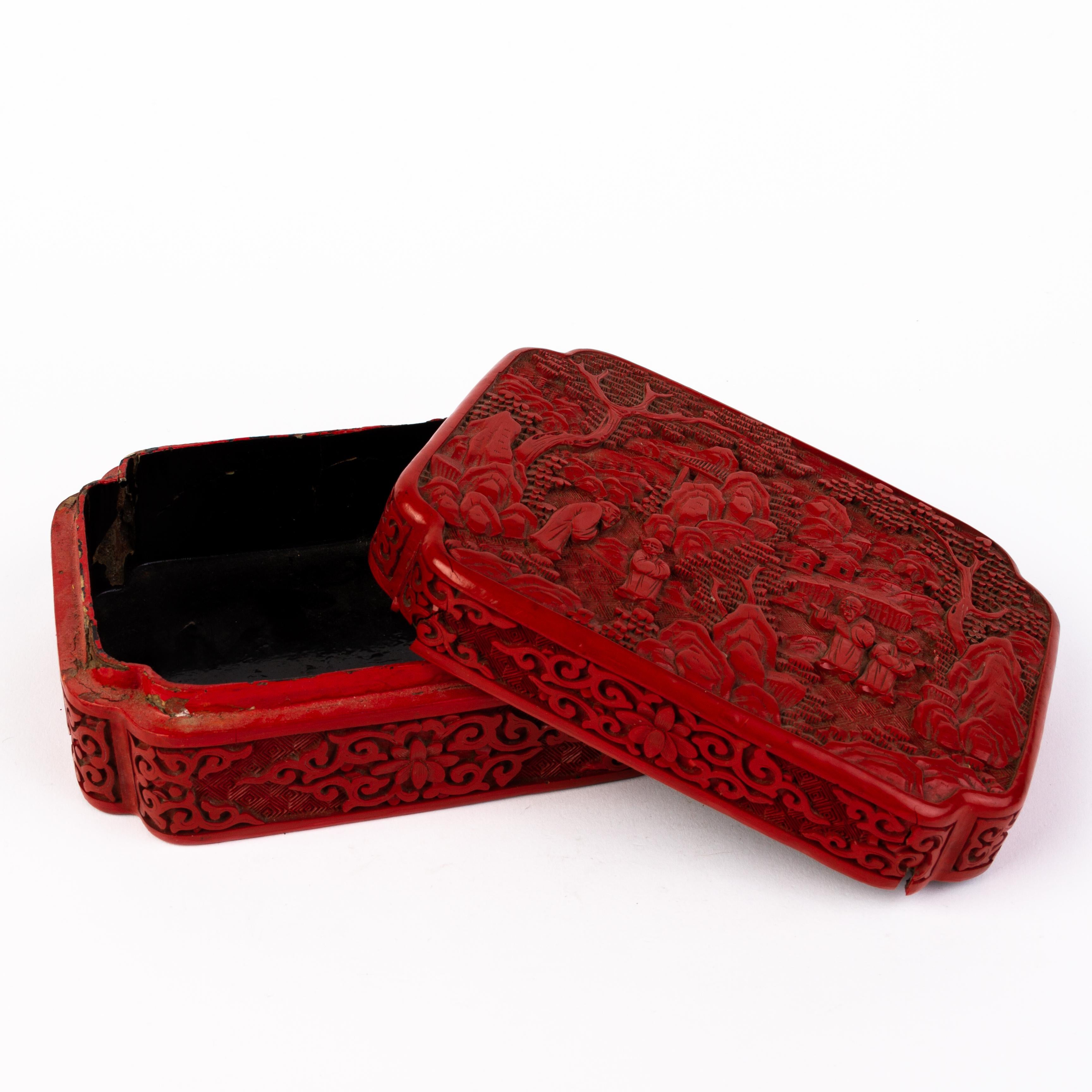 Chinese Qing Dynasty Carved Cinnabar Lacquer Box & Cover 2