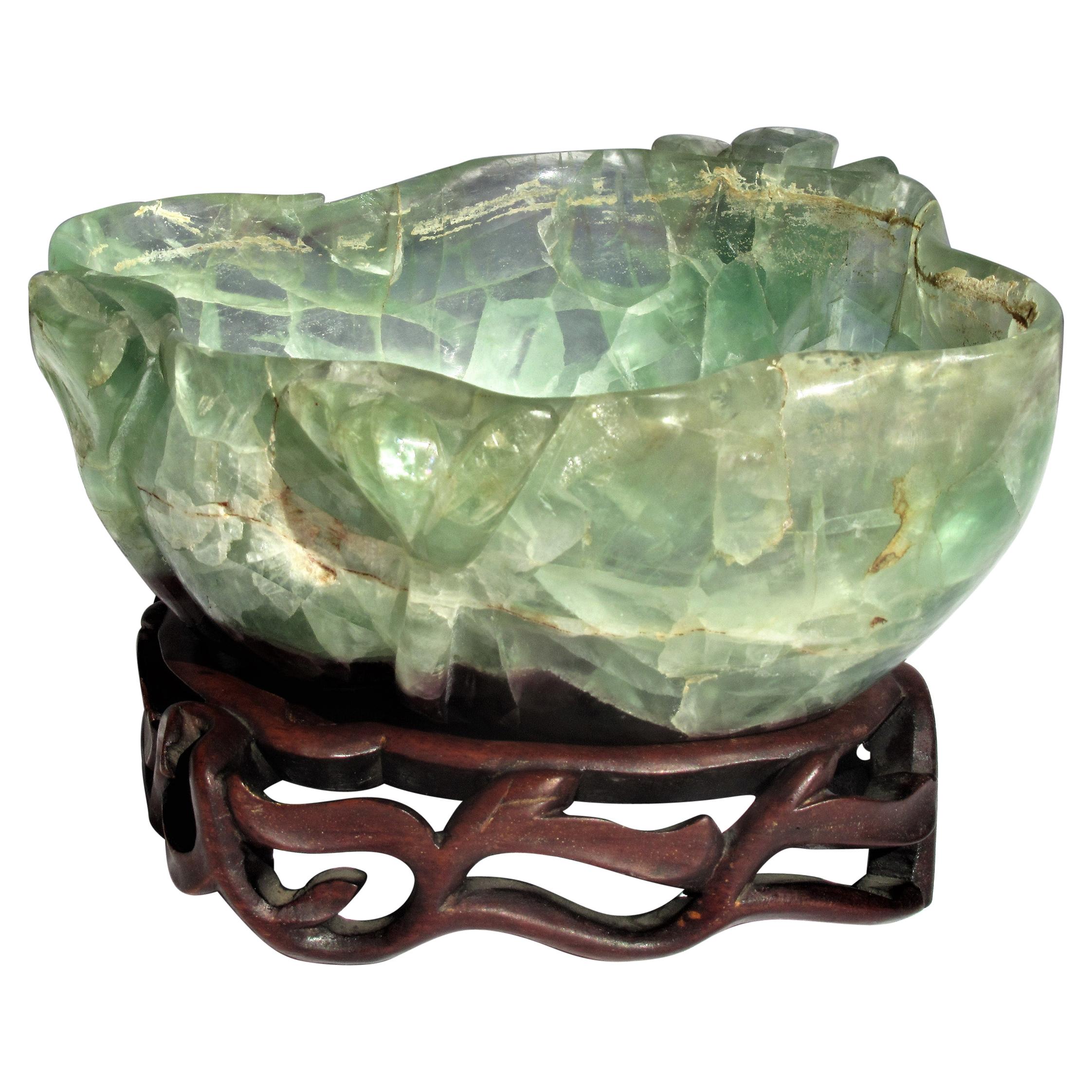 Chinese Qing Dynasty Carved Fluorite Bowl on Stand
