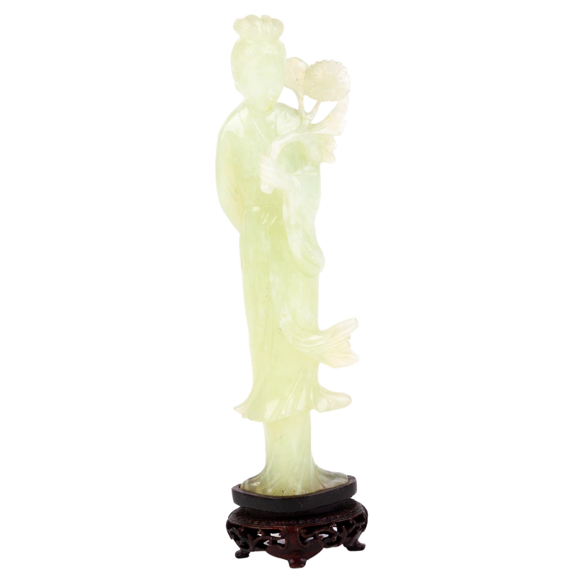 Chinese Qing Dynasty Carved Jade Quanyin Sculpture on Stand 19th Century 
