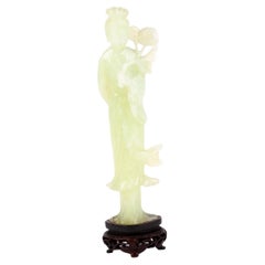 Antique Chinese Qing Dynasty Carved Jade Quanyin Sculpture on Stand 19th Century 