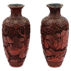 Antique Chinese Qing Dynasty Carved Red Cinnabar Vases