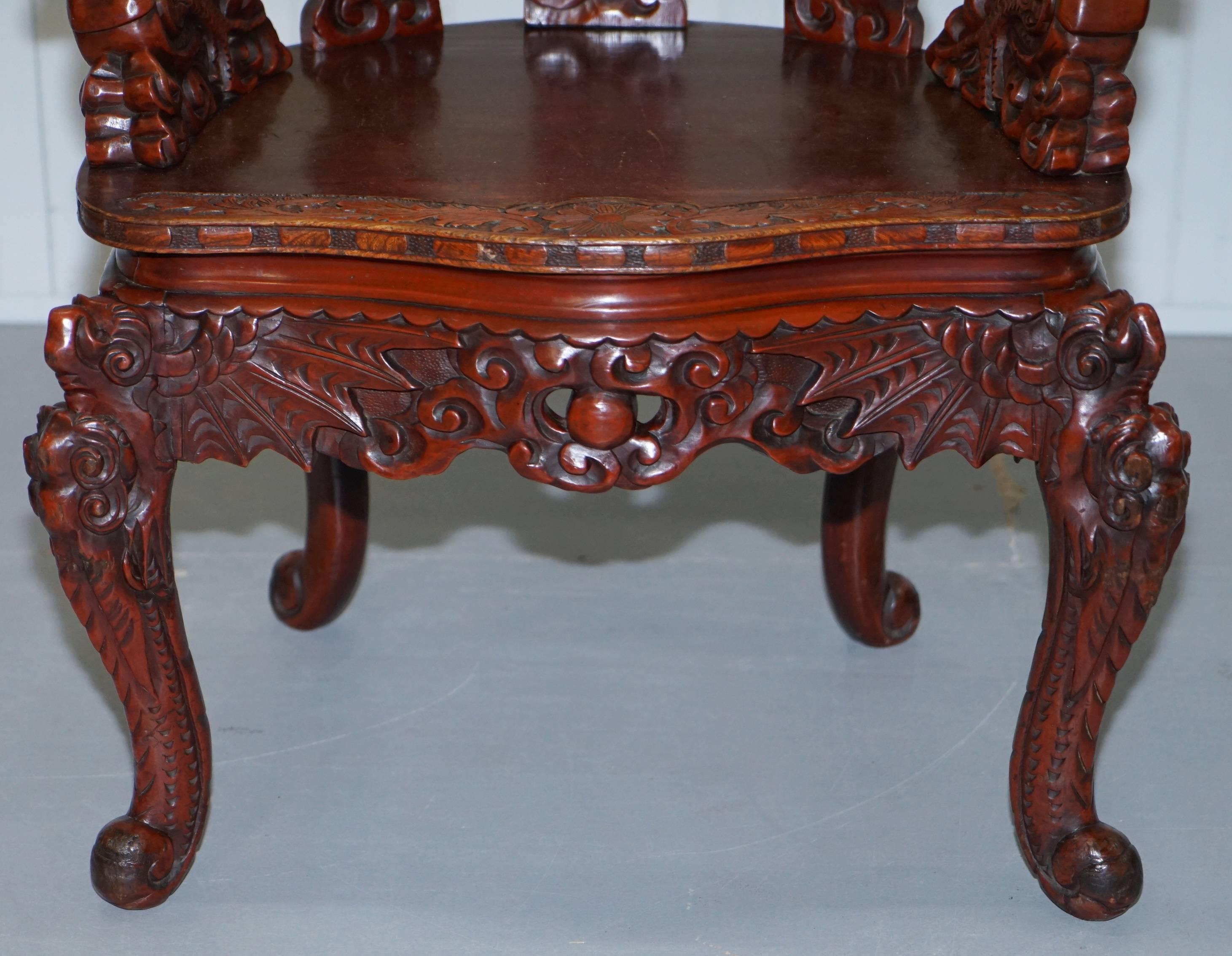 Chinese Qing Dynasty Carved Redwood Dragon and Lion Foo Dogs Armchair circa 1870 1