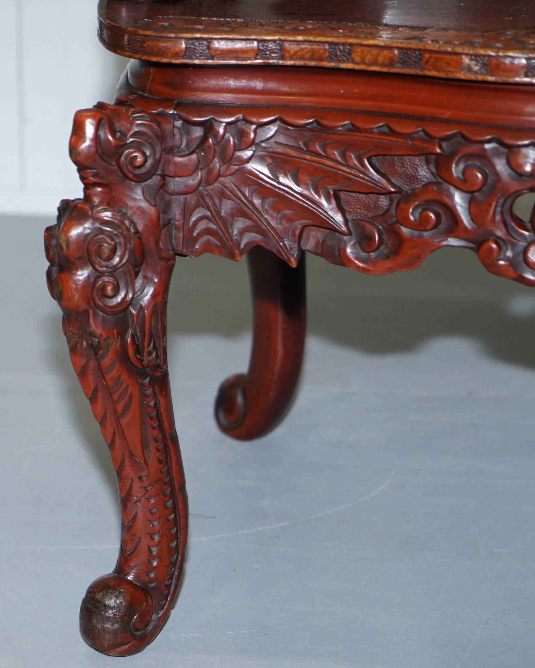 Chinese Qing Dynasty Carved Redwood Dragon and Lion Foo Dogs Armchair circa 1870 2