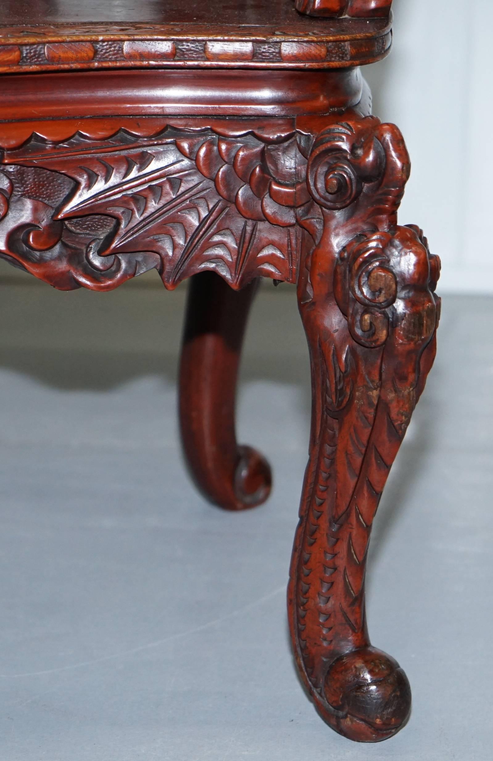 Chinese Qing Dynasty Carved Redwood Dragon and Lion Foo Dogs Armchair circa 1870 4