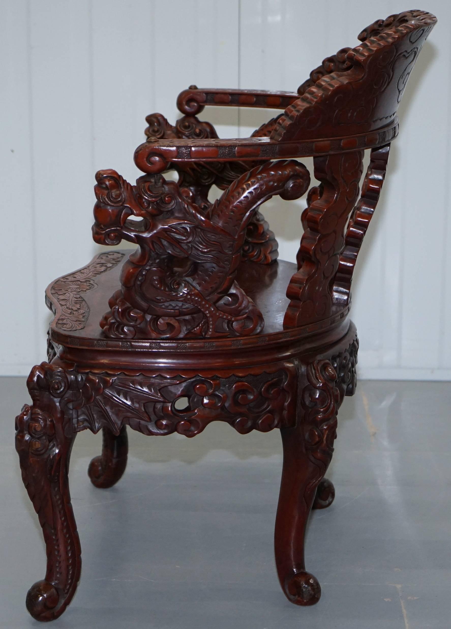 Chinese Qing Dynasty Carved Redwood Dragon and Lion Foo Dogs Armchair circa 1870 7