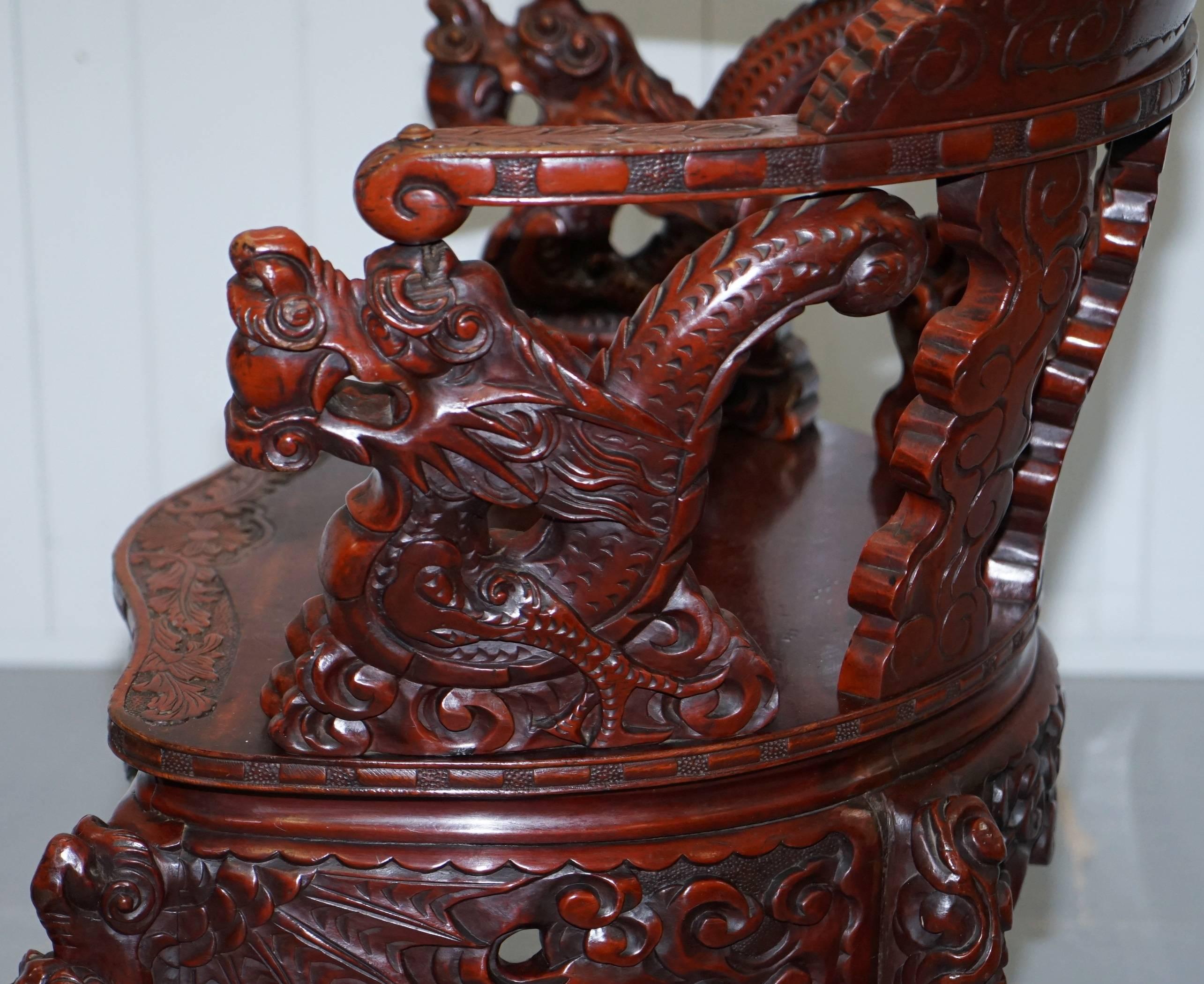 Chinese Qing Dynasty Carved Redwood Dragon and Lion Foo Dogs Armchair circa 1870 8