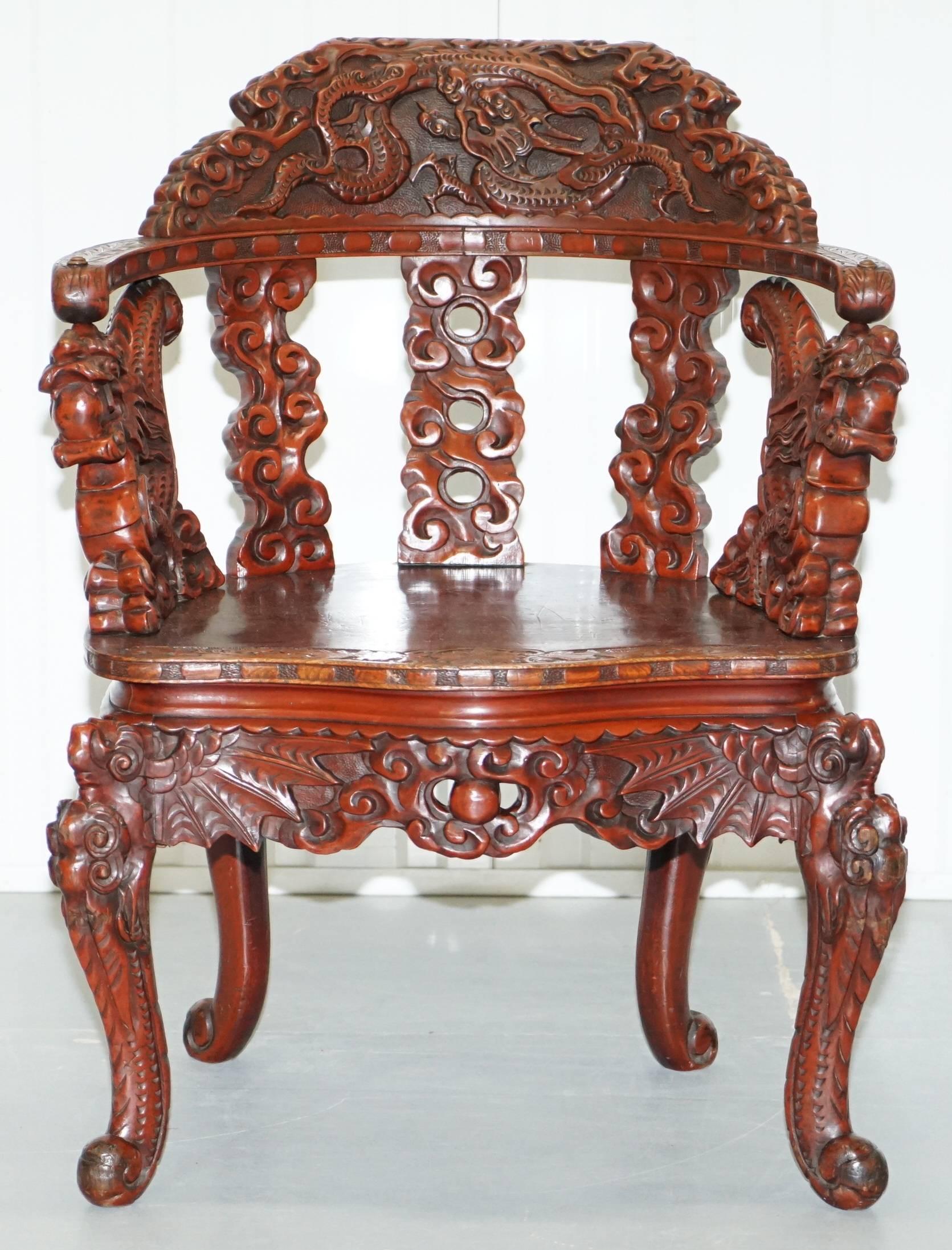 We are delighted to offer for sale this stunning rare Qing dynasty circa 1870 hand-carved solid elm lacquered dragon and Lion Foo dog throne armchair

A really rare an expertly hand-carved piece, the detail is never ending and of the highest
