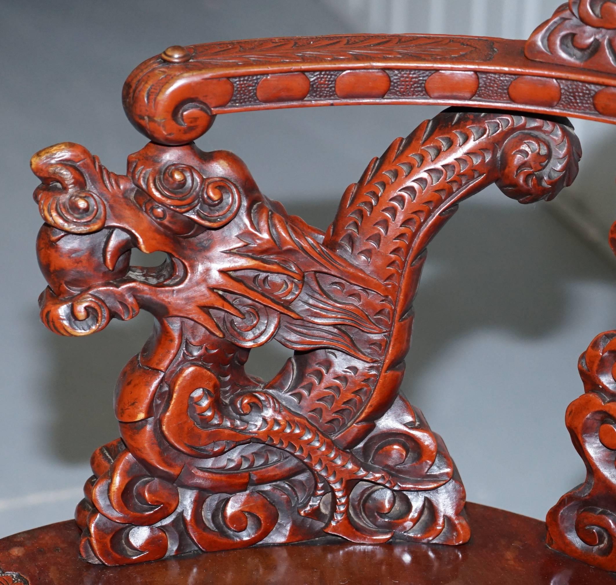 19th Century Chinese Qing Dynasty Carved Redwood Dragon and Lion Foo Dogs Armchair circa 1870
