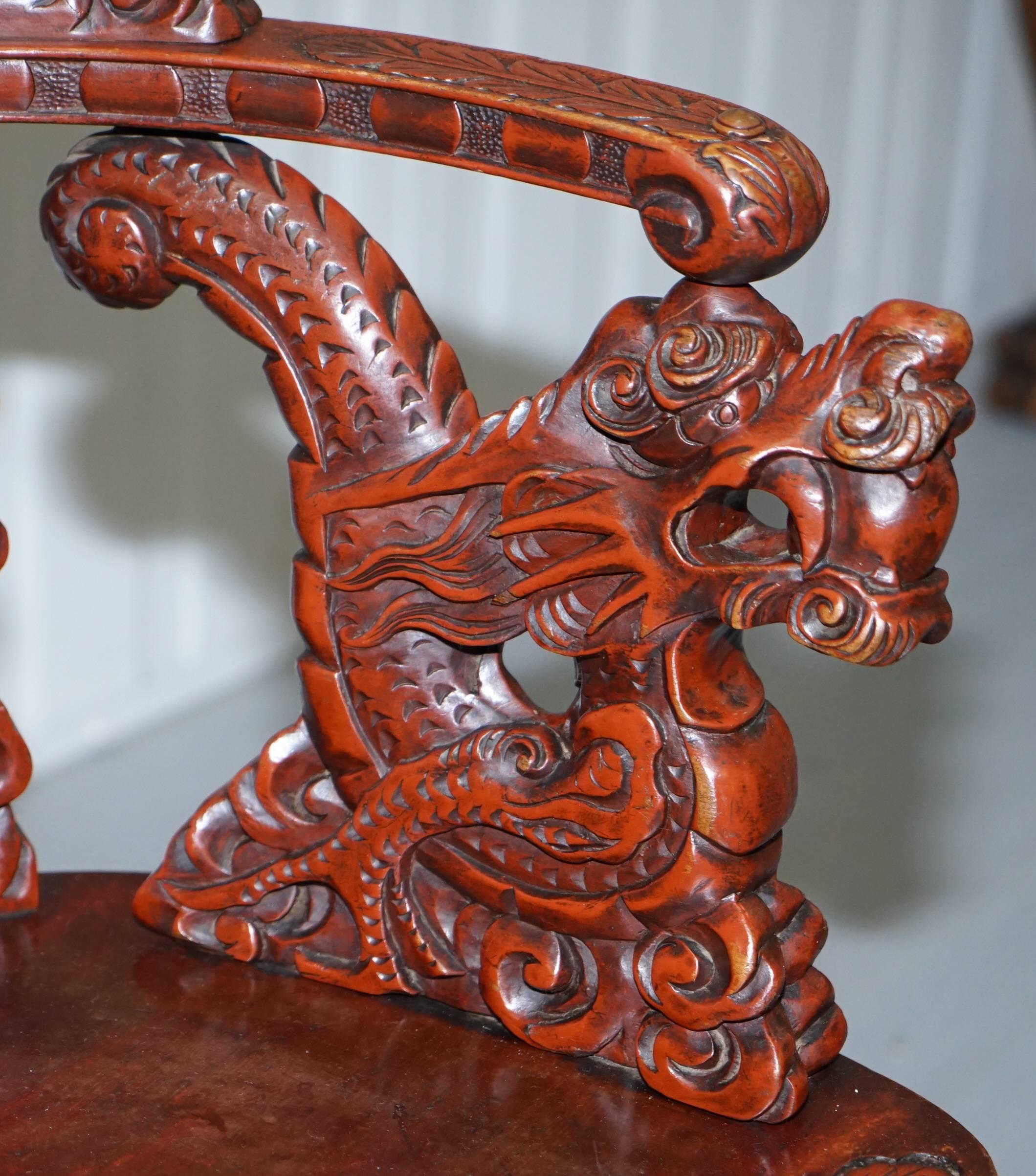 Elm Chinese Qing Dynasty Carved Redwood Dragon and Lion Foo Dogs Armchair circa 1870