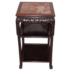 Antique Chinese Qing Dynasty Carved Rosewood Stand with Two Shelves and Marble Inset