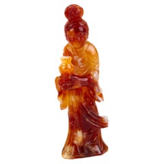 Antique Chinese Qing Dynasty Carved Russet Jade Quanyin Sculpture 19th Century 