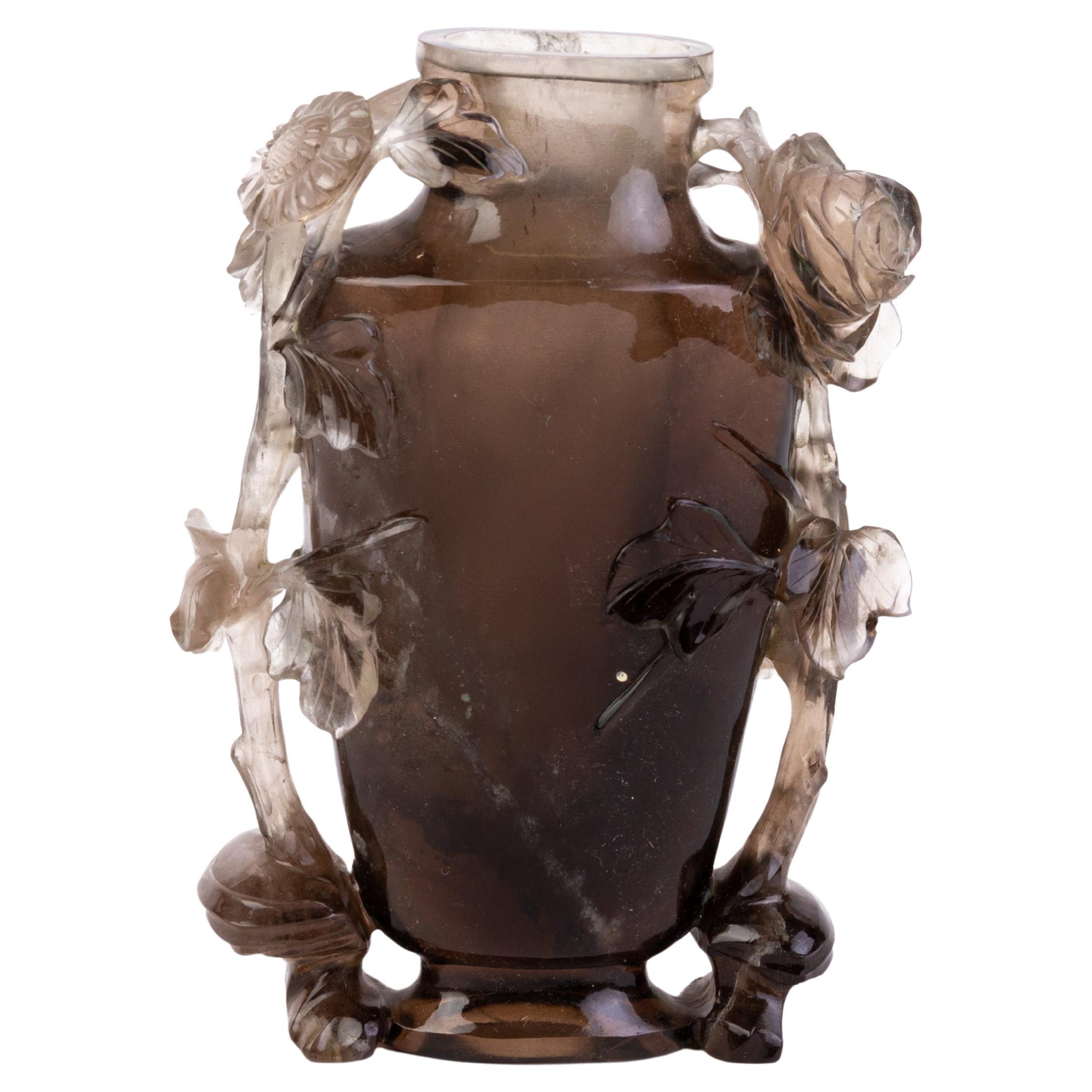 Chinese Qing Dynasty Carved Smoky Quartz Vase 19th Century