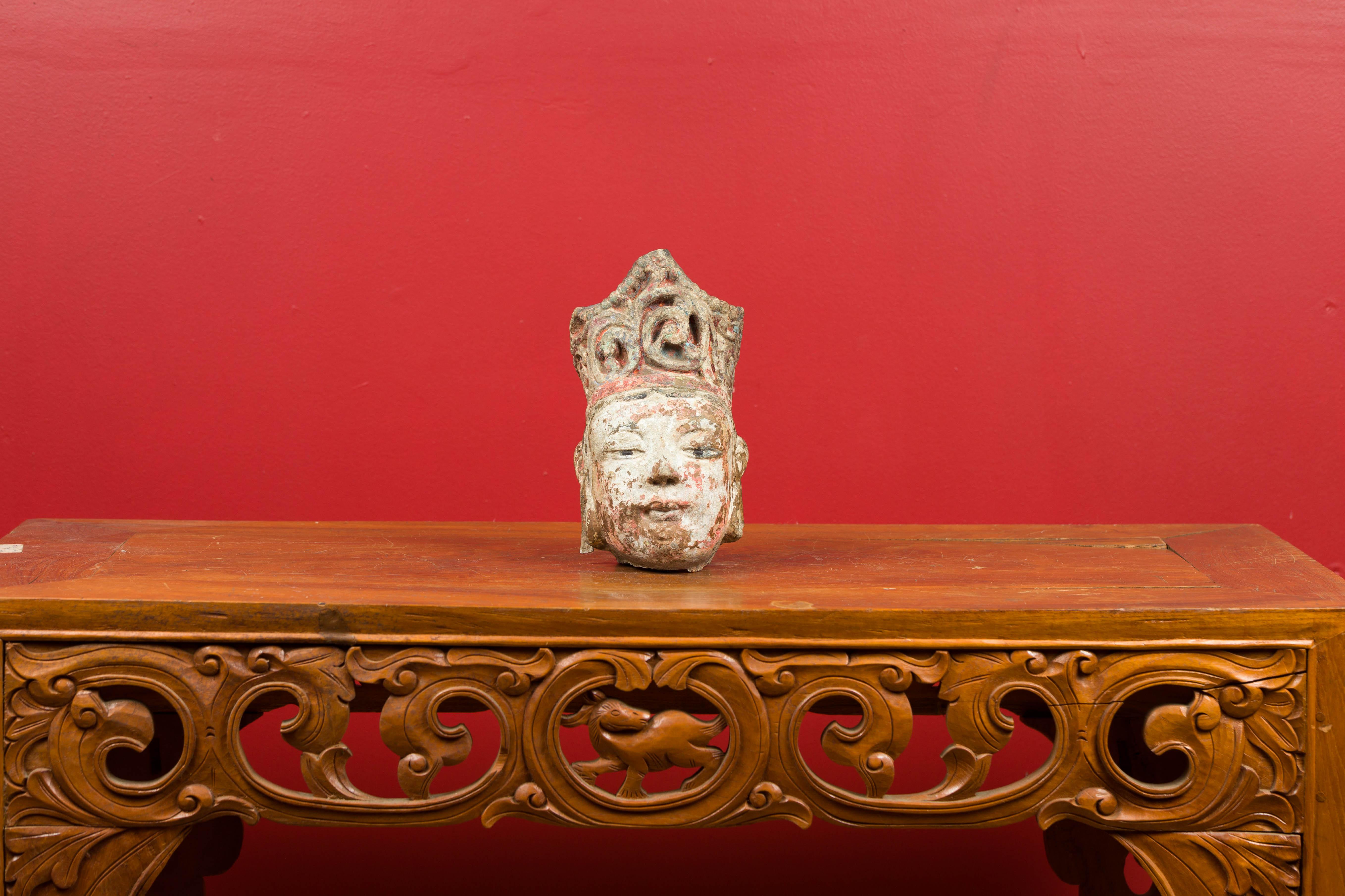 Qing Antique Carved Stone Court Figure Sculpture with Tall Headdress For Sale