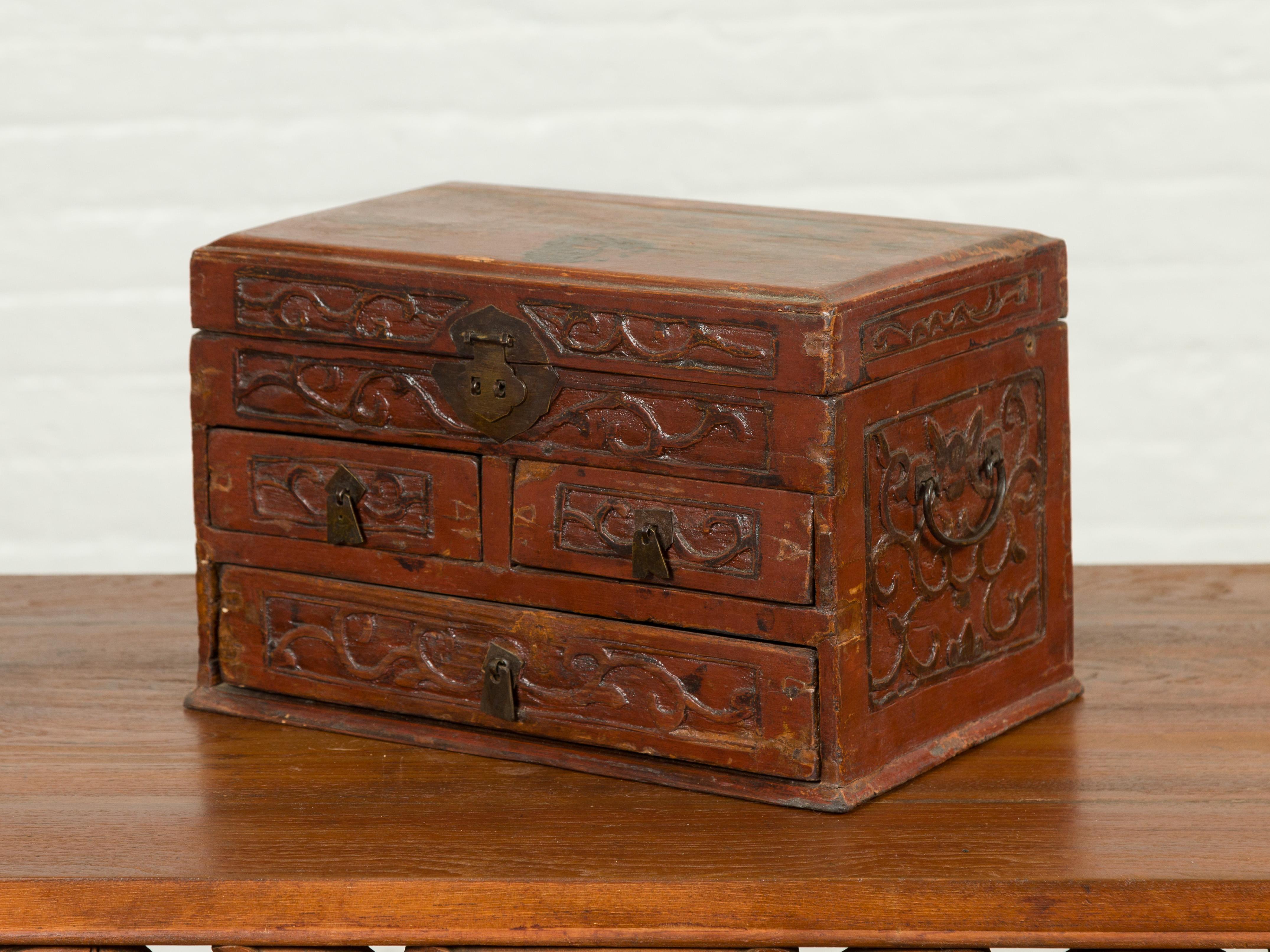 Chinese Qing Dynasty Carved Wooden Jewelry Chest with Lidded Top and Drawers 7